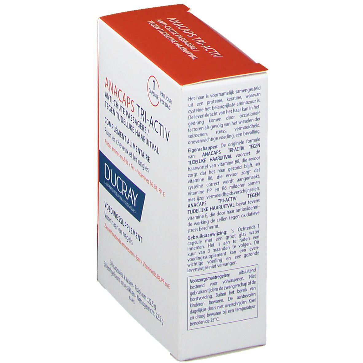 Boîte "ANACAPS TRI-ACTIV" en biais. Texte sur l'emballage, y compris le nom du produit, les ingrédients et le fabricant.