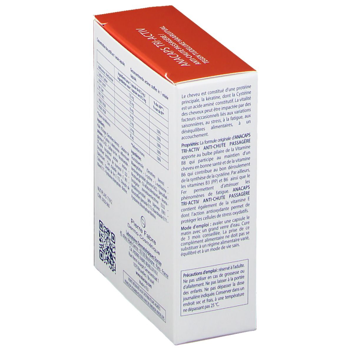 Boîte "ANACAPS TRI-ACTIV" en biais. Texte sur l'emballage, y compris le nom du produit et les ingrédients.