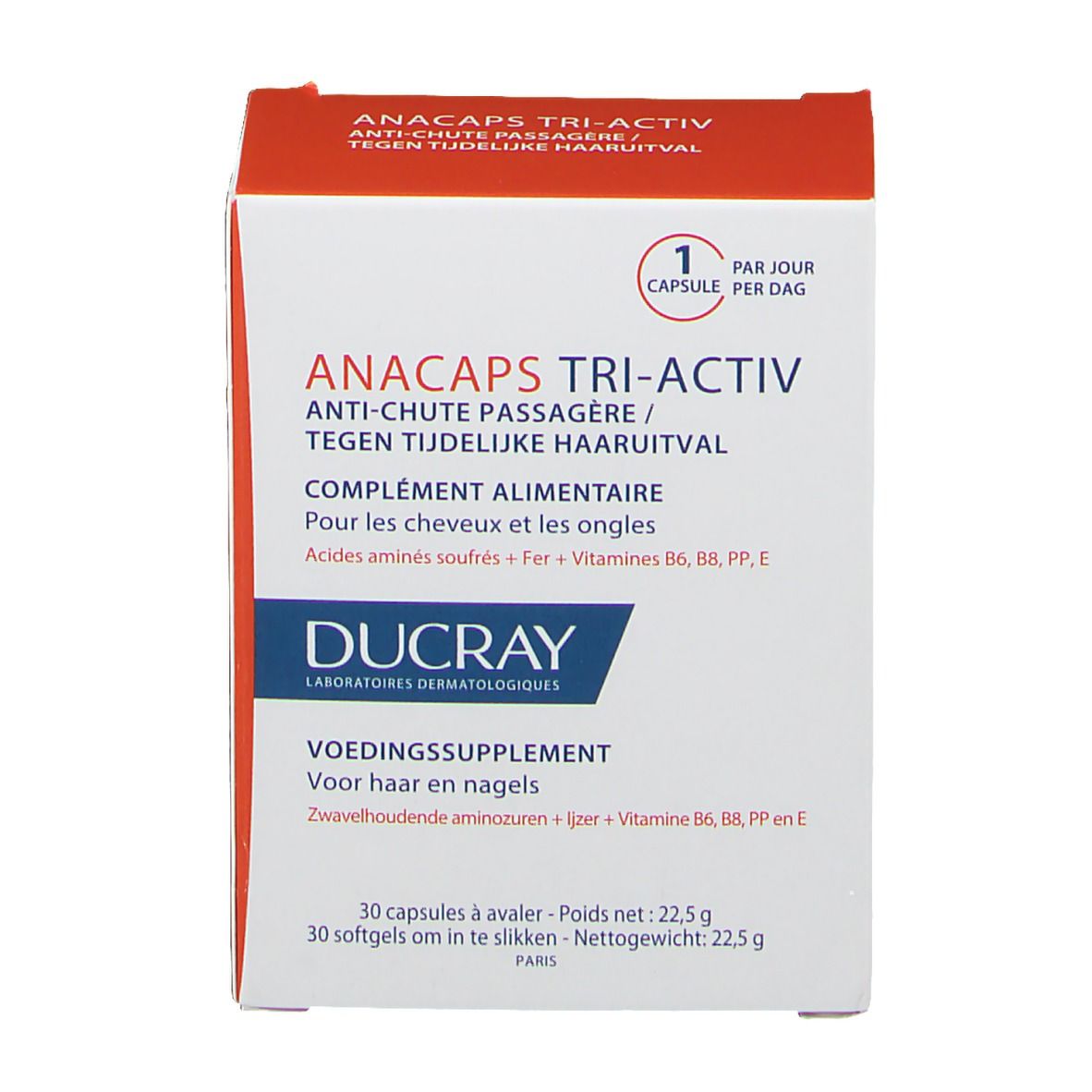 Vue de face de la boîte "ANACAPS TRI-ACTIV". Emballage rouge et blanc avec nom et logo du produit. 30 capsules.