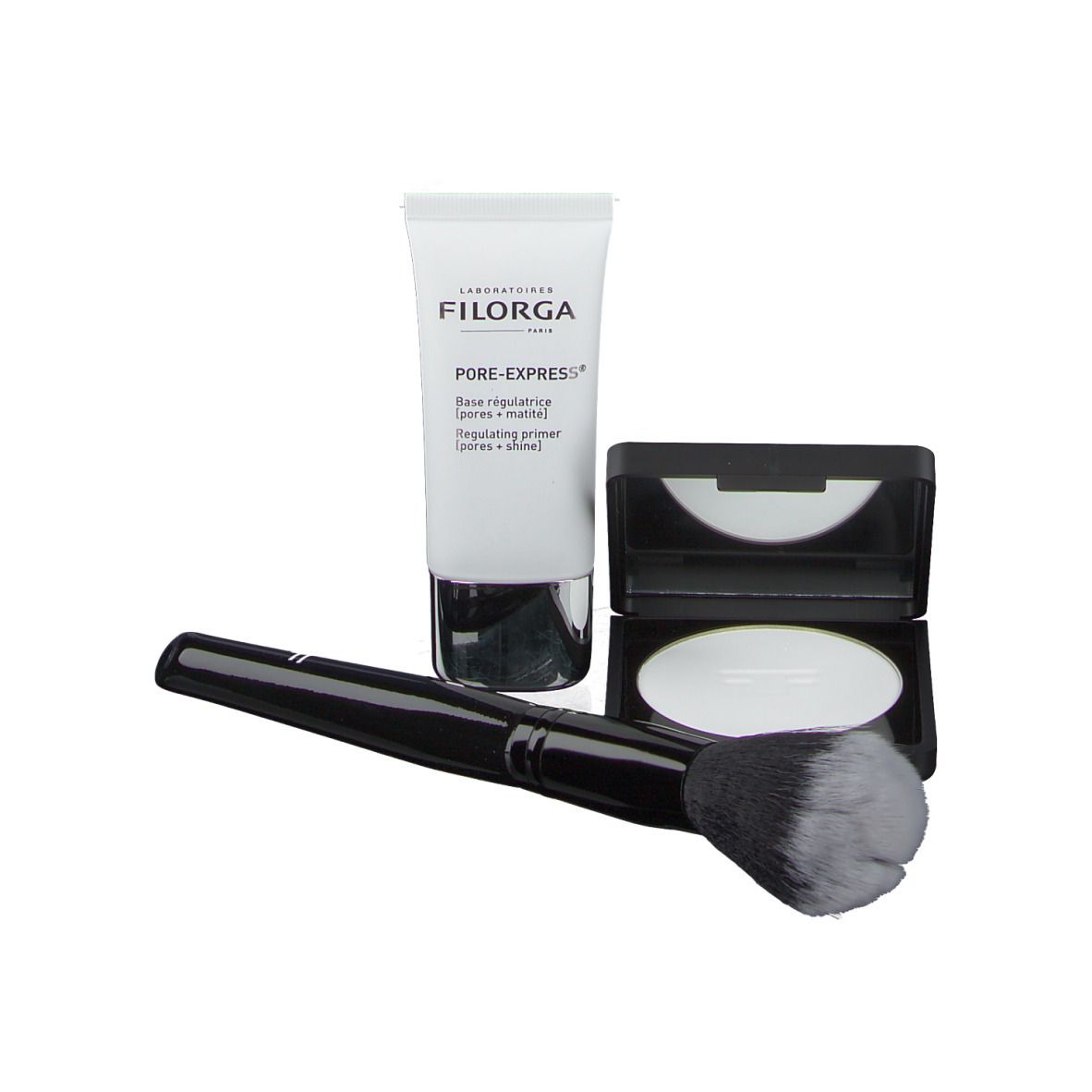 Set de maquillage avec tube, poudre, pinceau. Tube avec inscription Filorga Pore-Express. Pinceau noir.