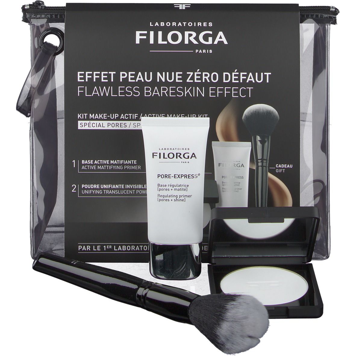 Set de maquillage dans un sac transparent. Contient tube, poudre, pinceau. Inscription Filorga. Sac noir.