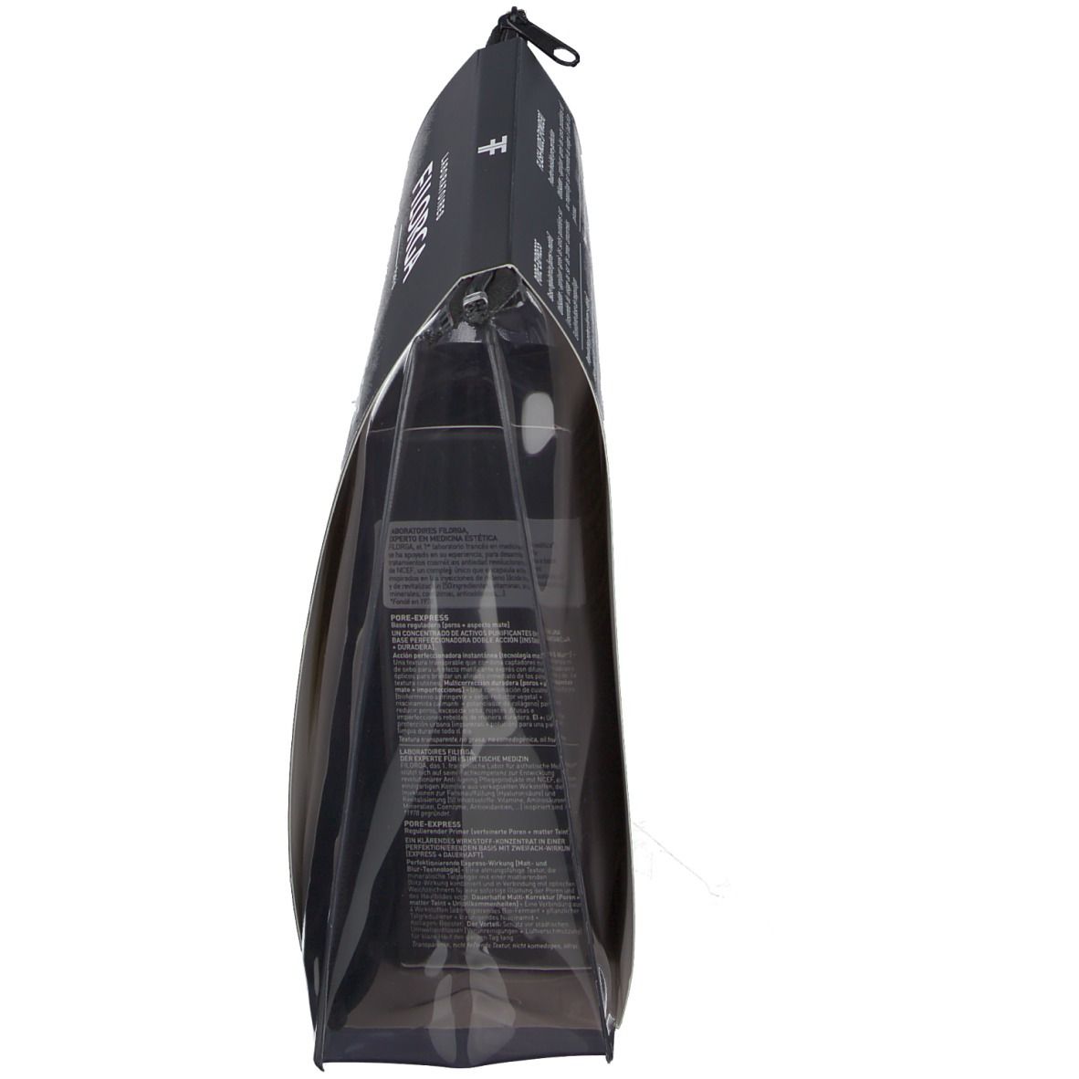 Sac transparent avec fermeture éclair noire. Inscription noire. Contient un set de maquillage.