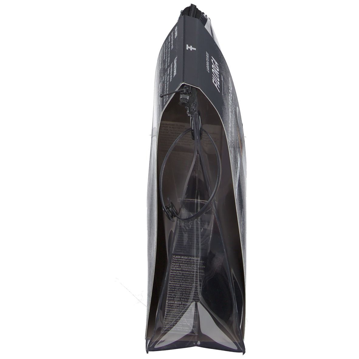 Sac transparent avec fermeture éclair noire. Inscription noire. Contient un set de maquillage.