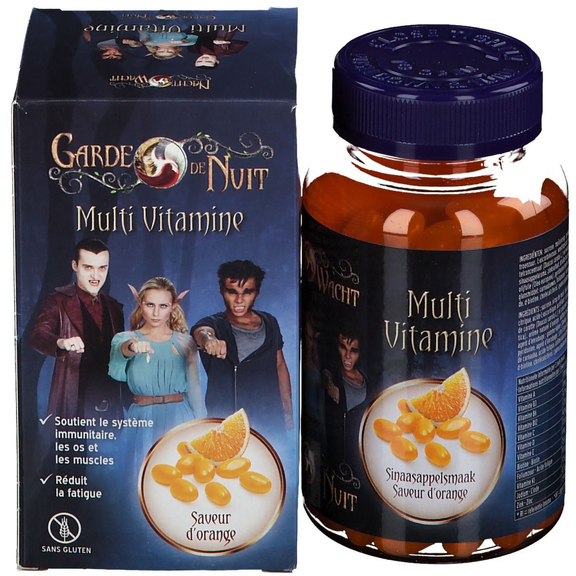 Emballage et flacon avec comprimés oranges. Inscription : Multi Vitamine, Savour d'orange.