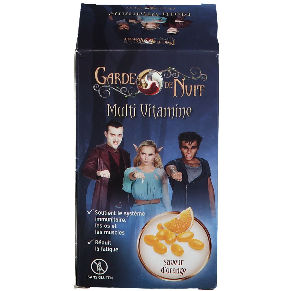 Emballage avec inscription : Garde de Nuit, Multi Vitamine, Savour d'orange.