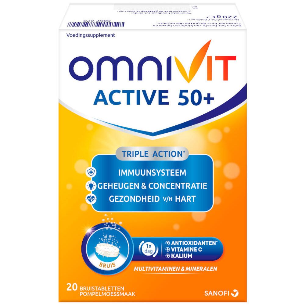 Boîte Omnivit Active 50+. Contient 20 comprimés effervescents. Inscriptions: Système immunitaire, mémoire & concentration, santé du cœur.
