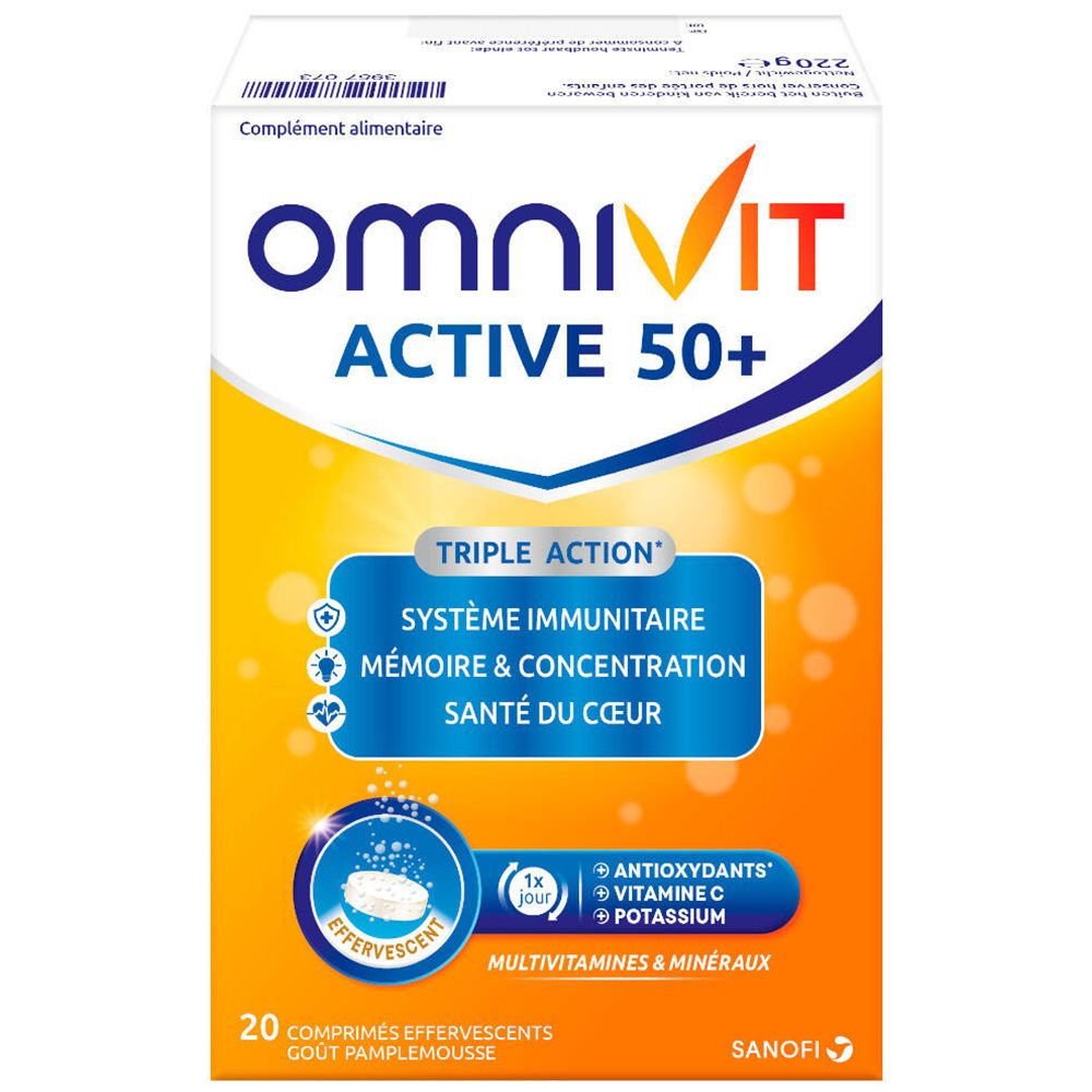 Boîte Omnivit Active 50+. Contient 20 comprimés effervescents. Inscriptions: Système immunitaire, mémoire & concentration, santé du cœur.