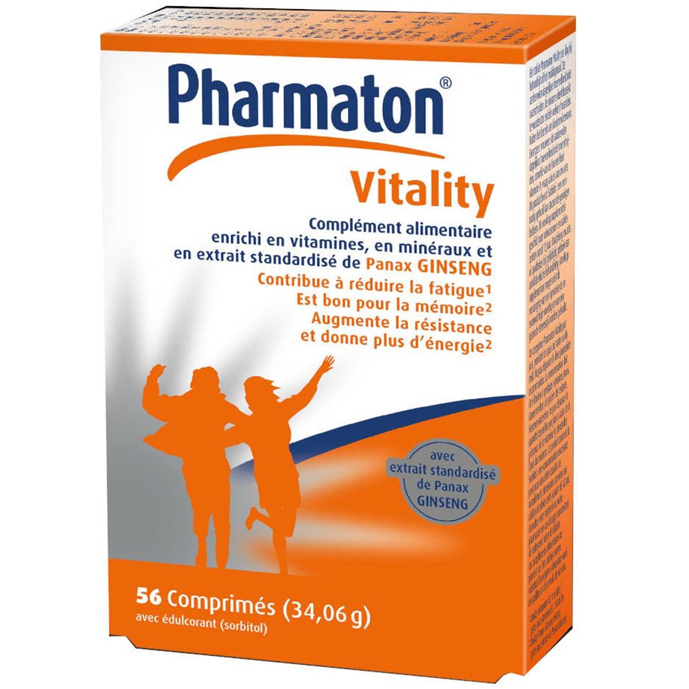Verpakking van Pharmaton Vitality. Oranje-witte doos met productnaam en afbeelding van personen. Bevat 56 tabletten.