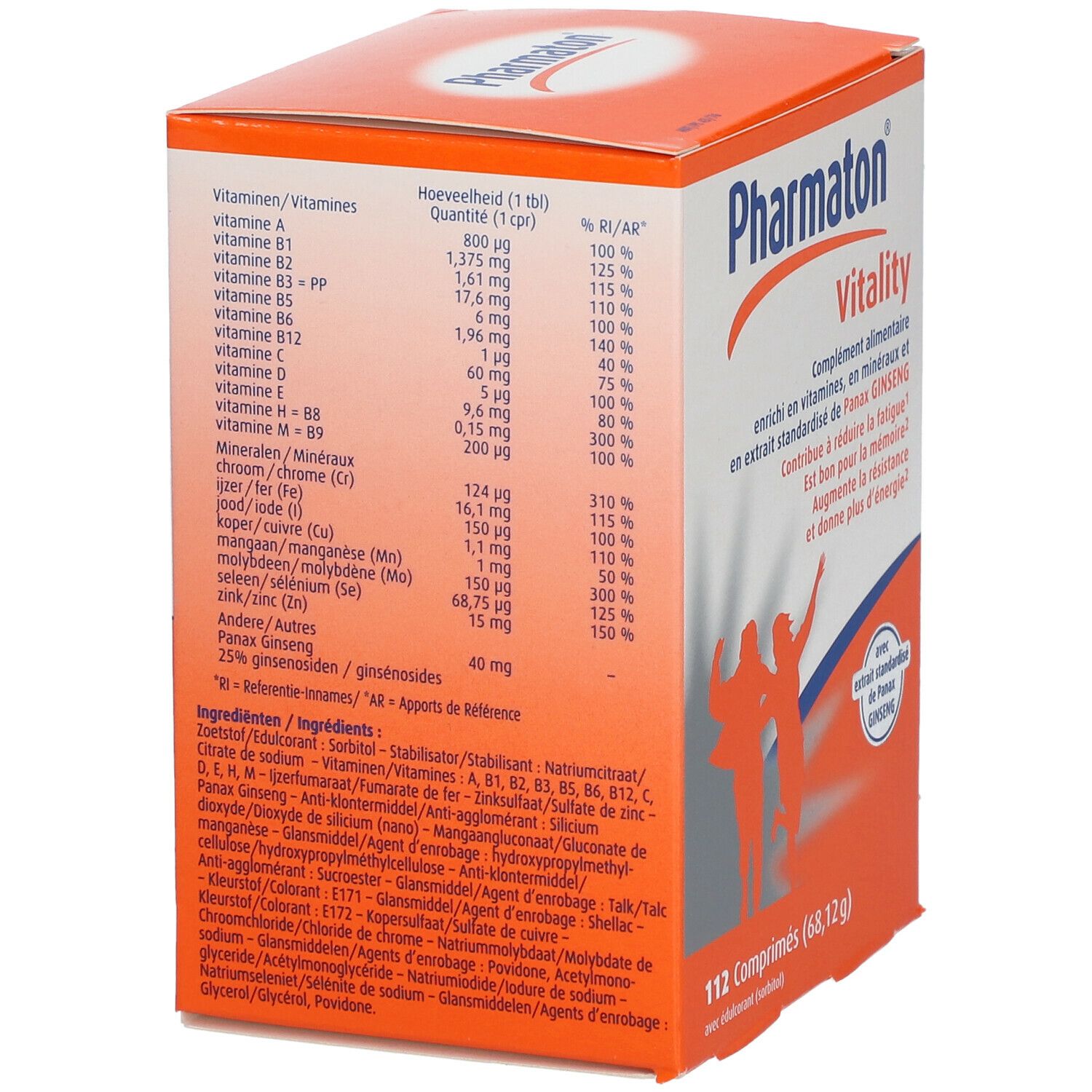Oranje doos Pharmaton Vitality. Bevat vitaminen en mineralen. Opschrift met ingrediënten en voedingswaarde-informatie.