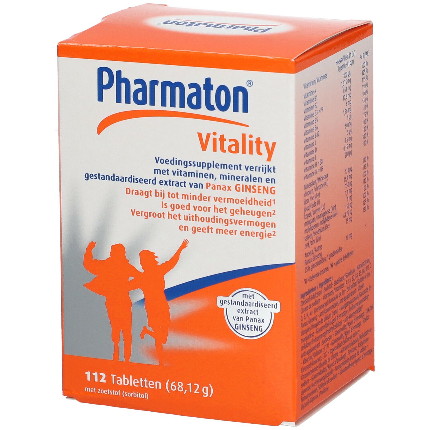 Oranje doos Pharmaton Vitality. Bevat 112 tabletten. Afbeelding van twee personen.