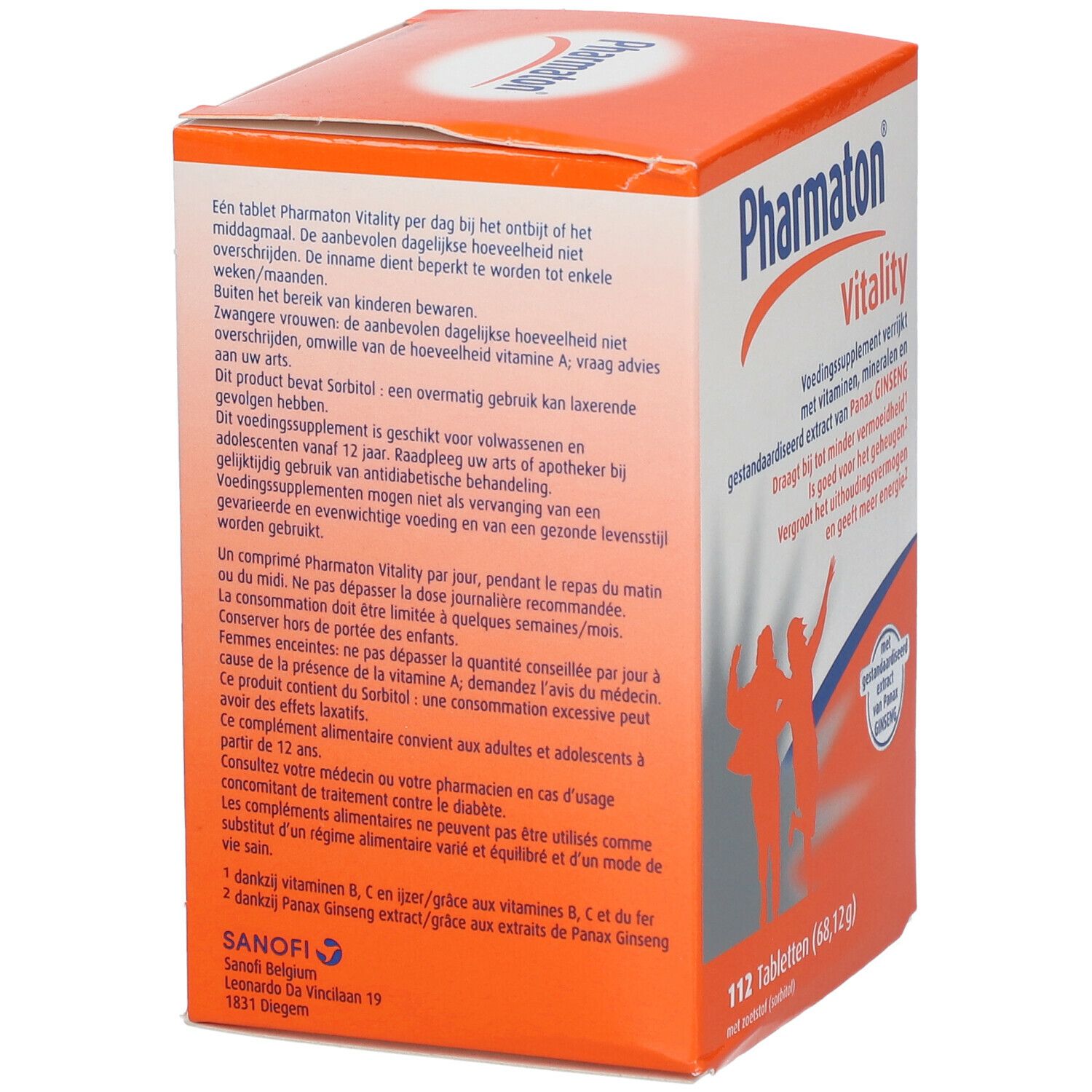 Achterkant van de oranje doos Pharmaton Vitality. Tekstinformatie en afbeelding van twee personen.