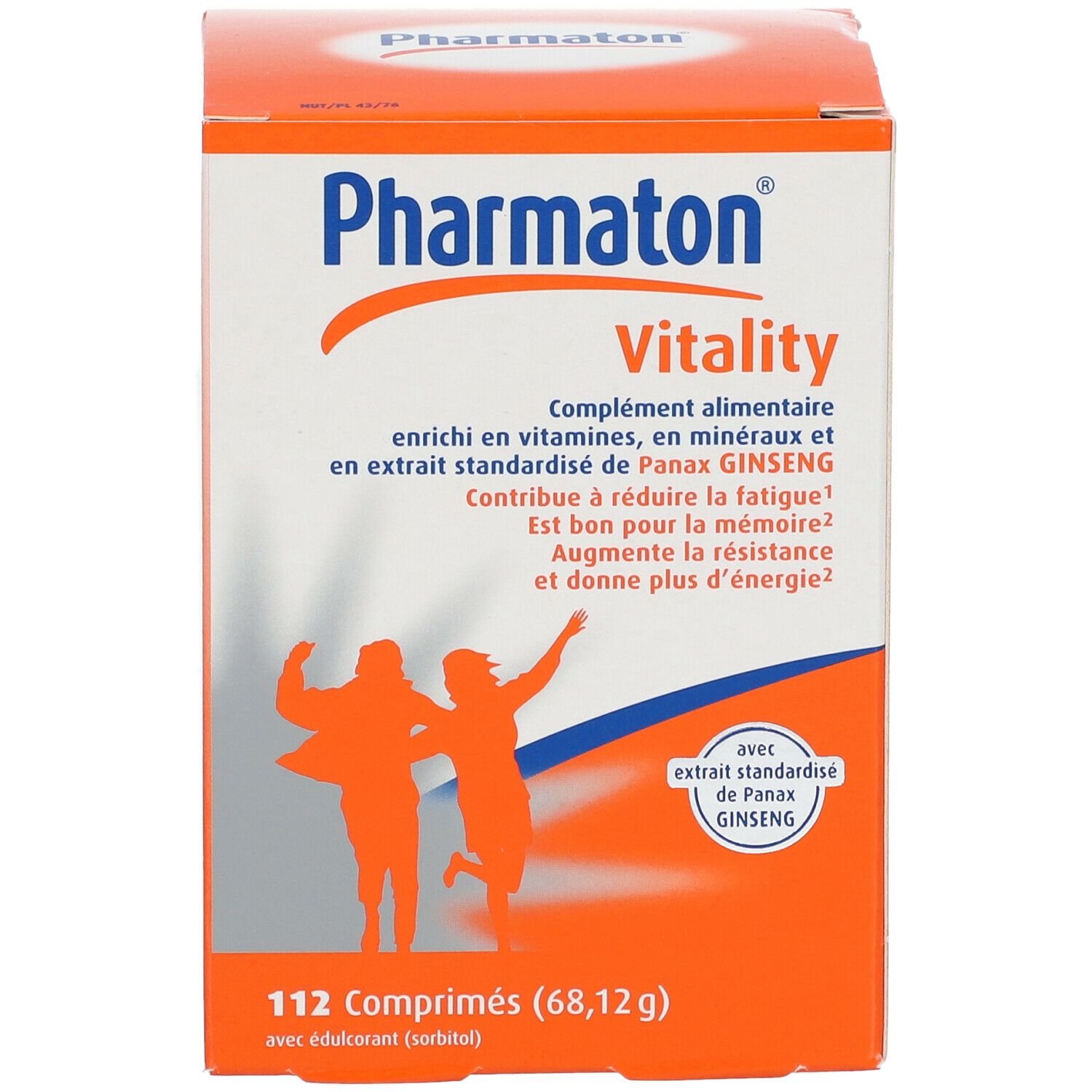 Oranje doos Pharmaton Vitality. Bevat 112 tabletten. Tekst met ingrediënten en informatie.