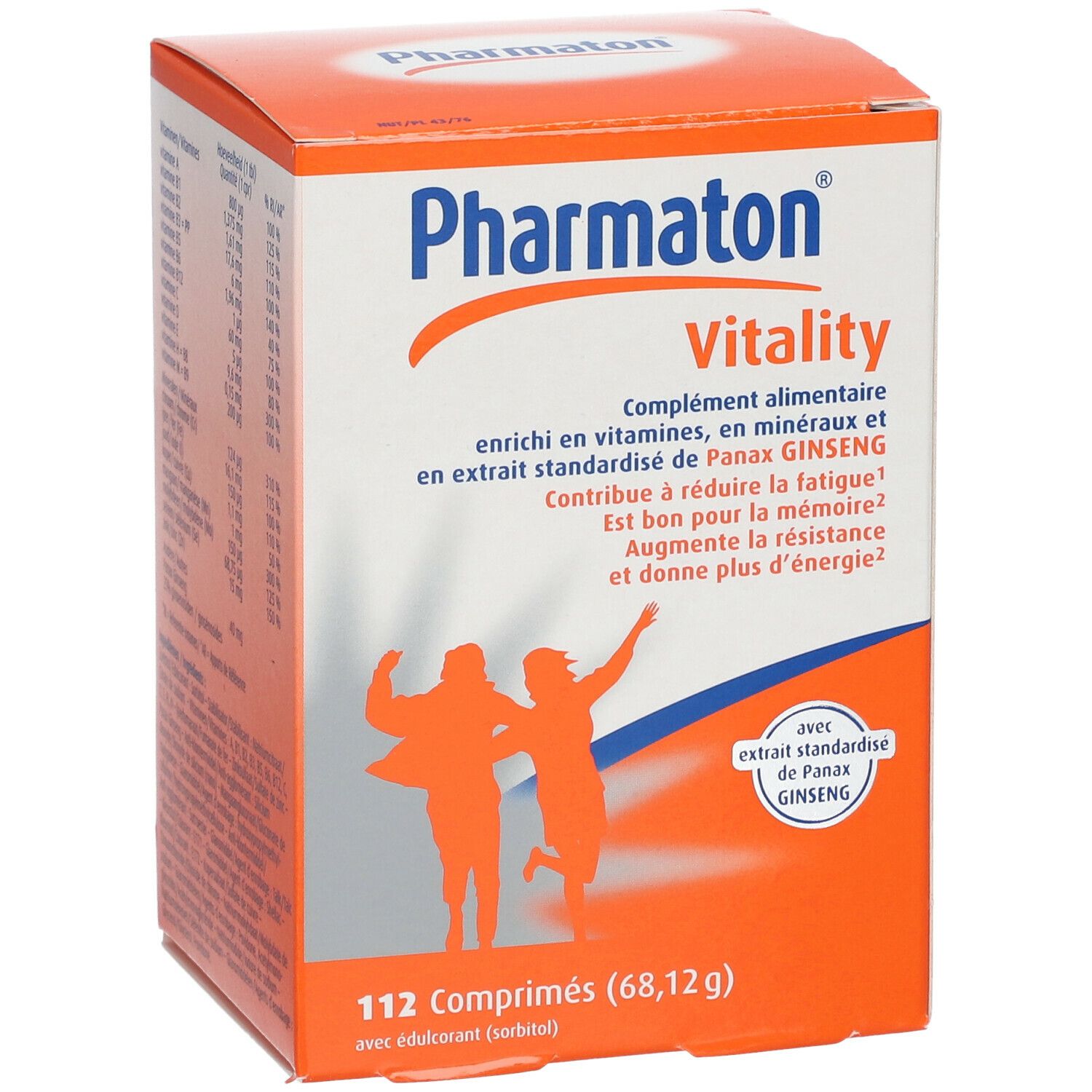 Oranje doos Pharmaton Vitality. Bevat 112 tabletten. Tekst met ingrediënten en informatie.
