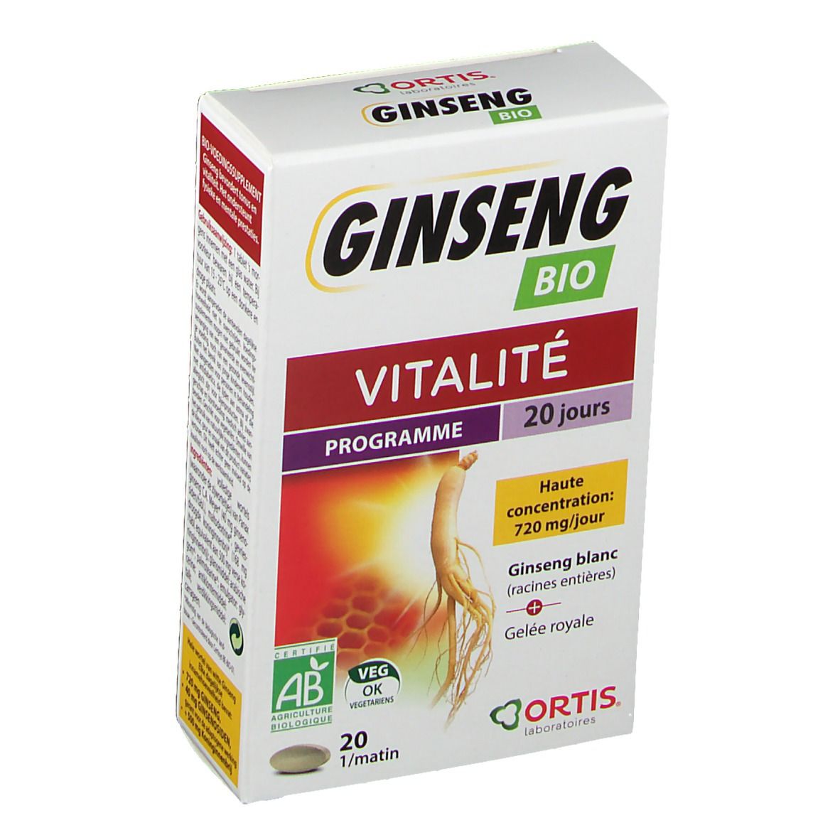 Boîte blanche "Ginseng Bio". Inscription "Vitalité", "20 jours". Contient 20 comprimés. Certifications AB et Veg OK.