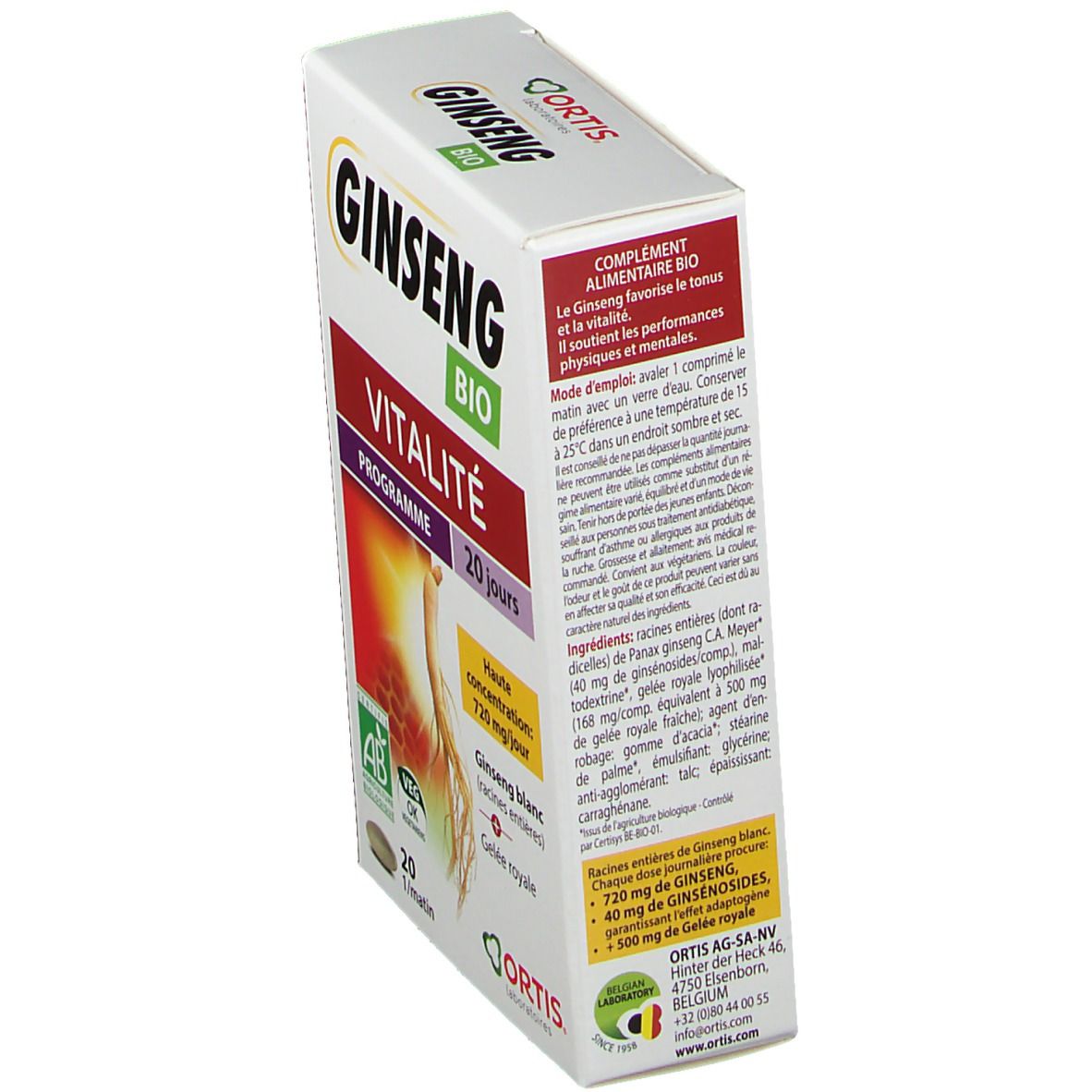Boîte "Ginseng Bio". Inscription "Vitalité", "20 jours". Contient 20 comprimés. Informations produit au dos.