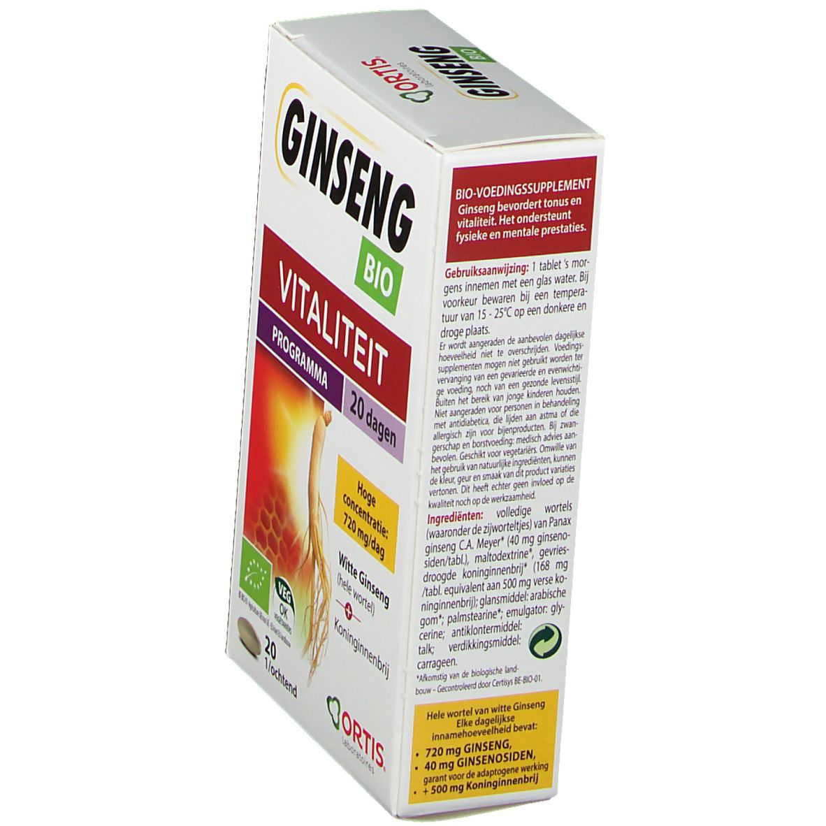 Boîte "Ginseng Bio". Inscription "Vitalité", "20 jours". Contient 20 comprimés. Informations produit au dos.