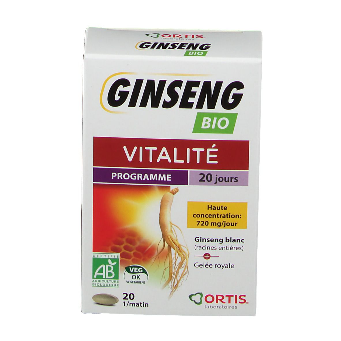 Boîte blanche "Ginseng Bio". Inscription "Vitalité", "20 jours". Contient 20 comprimés. Certifications AB et Veg OK.