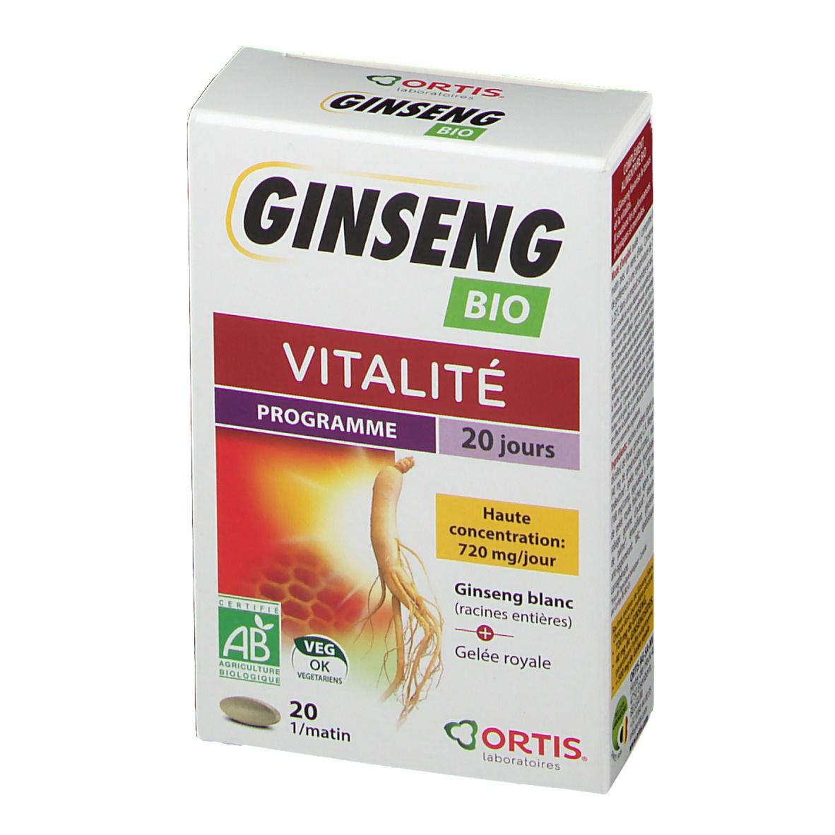 Boîte blanche "Ginseng Bio". Inscription "Vitalité", "20 jours". Contient 20 comprimés. Certifications AB et Veg OK.