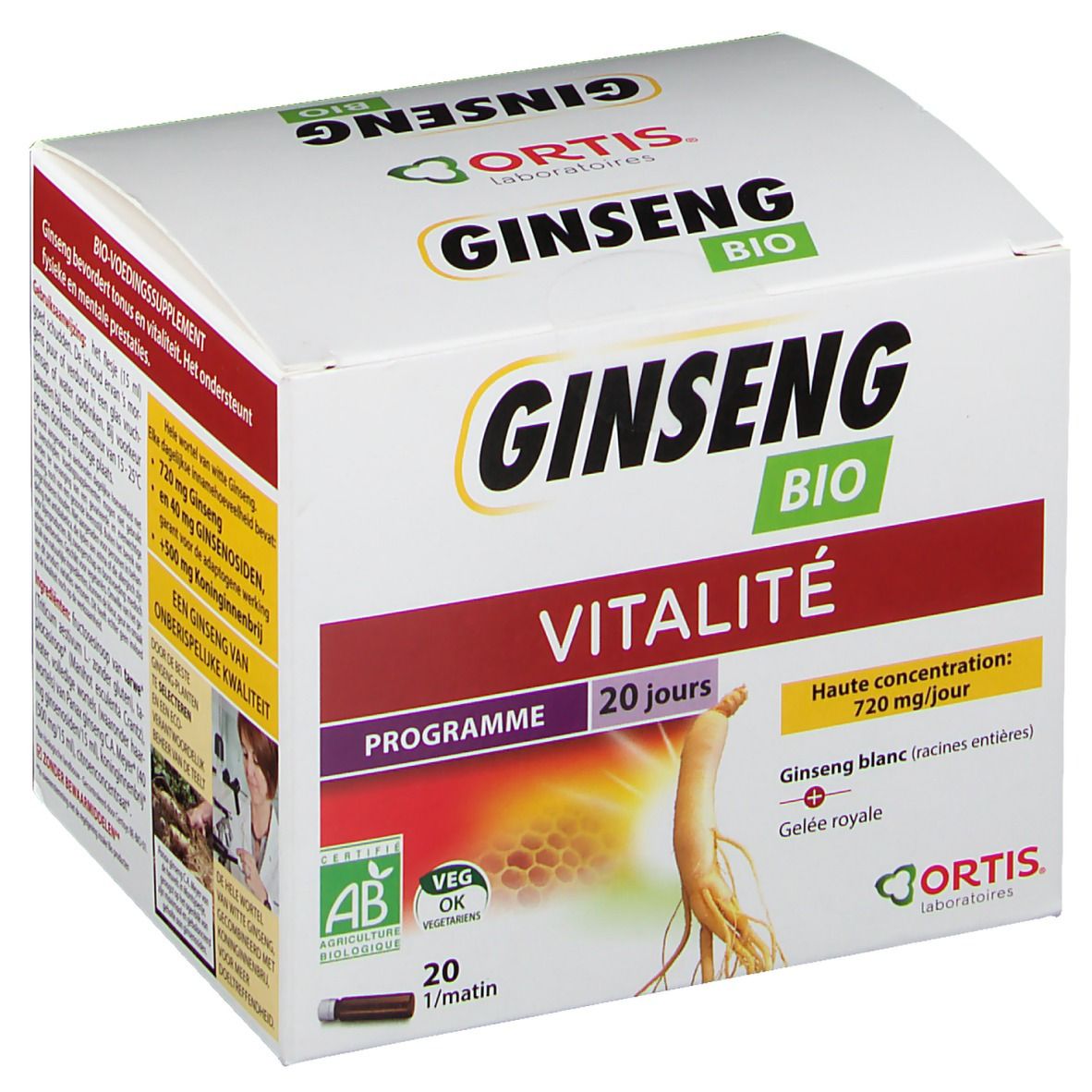 Boîte de produit avec logo et nom. Contient 20 portions. Vitalité, Ginseng Bio.