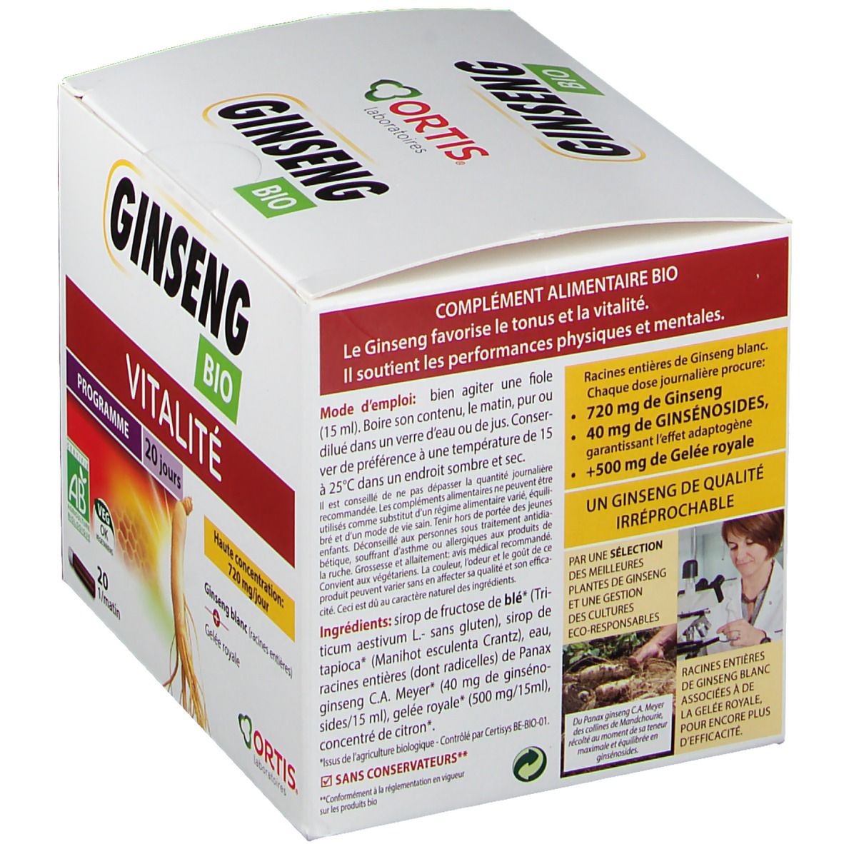 Boîte de produit avec texte et logo. Contient des informations sur les ingrédients et l'utilisation. Ginseng Bio.