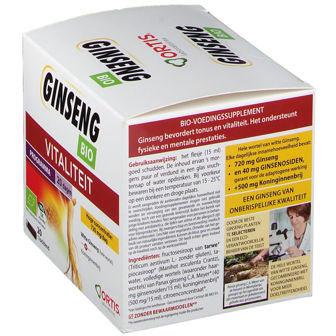 Boîte de produit avec texte et logo. Contient des informations sur les ingrédients et l'utilisation. Ginseng Bio.