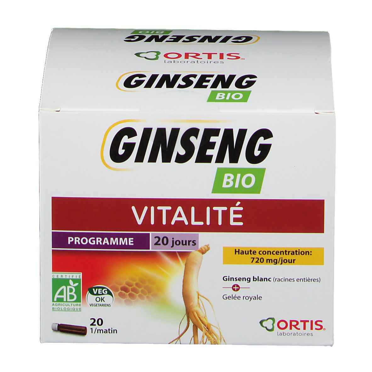 Boîte de produit avec logo et nom. Contient 20 portions. Vitalité, Ginseng Bio.