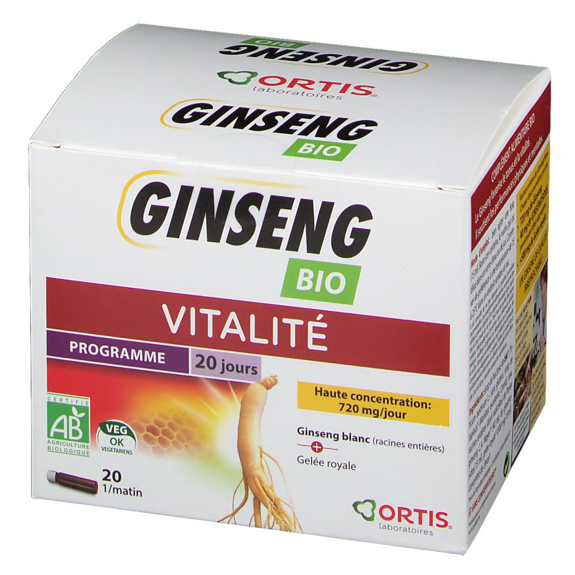 Boîte de produit avec logo et nom. Contient 20 portions. Vitalité, Ginseng Bio.