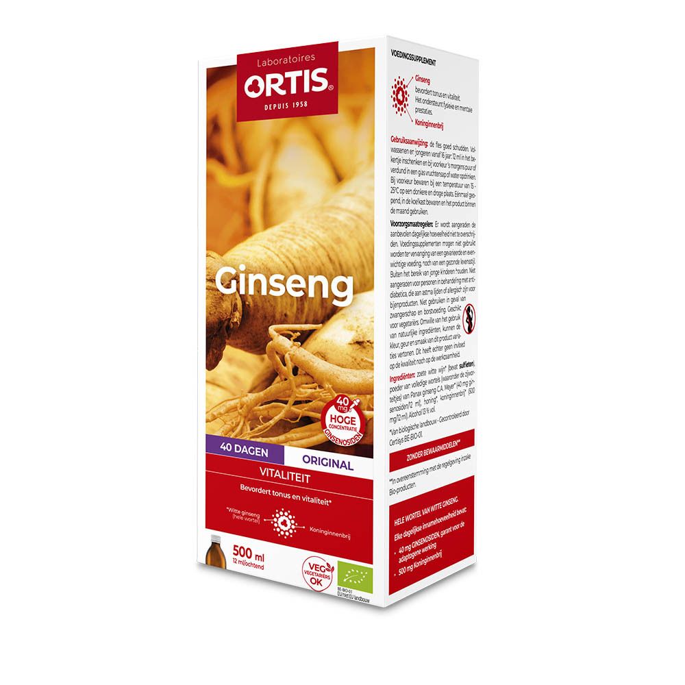 Boîte Ortis® Ginseng Bio. Illustration de racine de ginseng. 40 jours, vitalité. Flacon de 500 ml. Vegan OK.