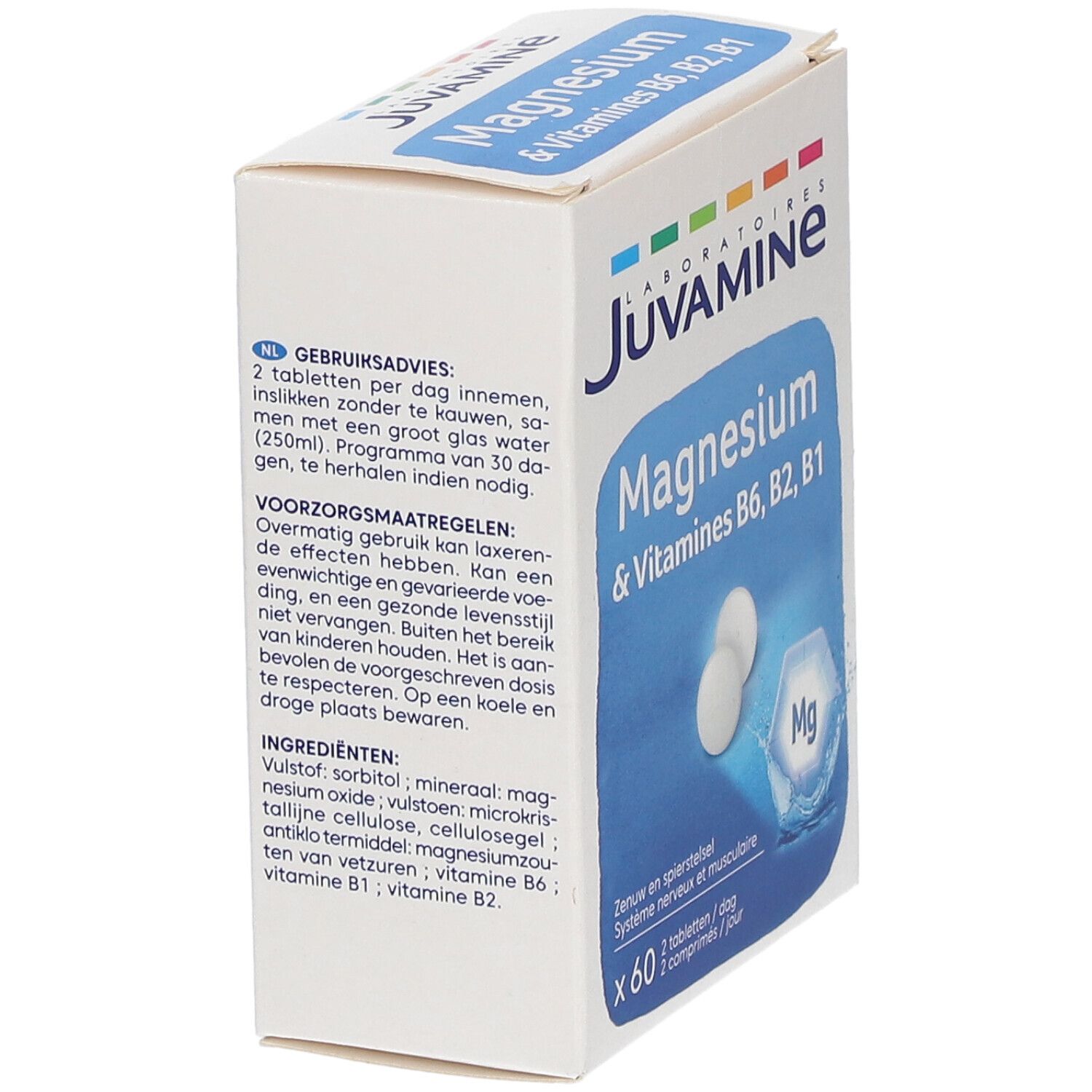 Boîte Juvamine Magnesium + Vitamines B6, B2, B1. Contient 60 comprimés. Vue latérale avec informations et deux comprimés.