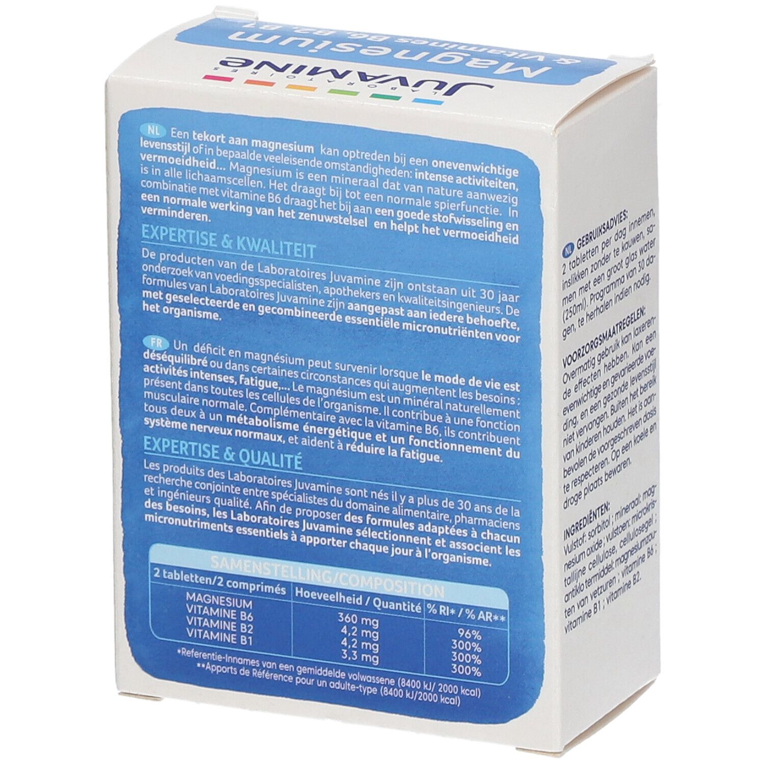 Dos de la boîte Juvamine Magnesium + Vitamines B6, B2, B1. Contient des informations sur le produit et des valeurs nutritionnelles.
