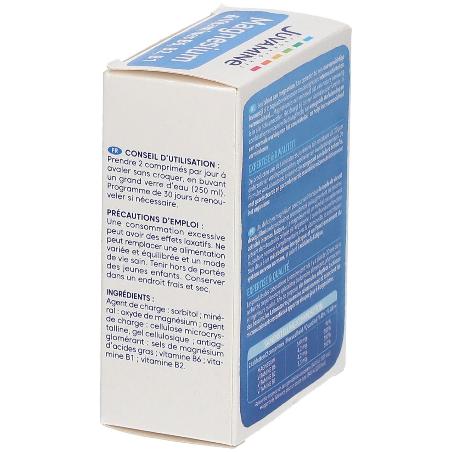 Vue latérale de la boîte Juvamine Magnesium + Vitamines B6, B2, B1. Contient des informations et des instructions.