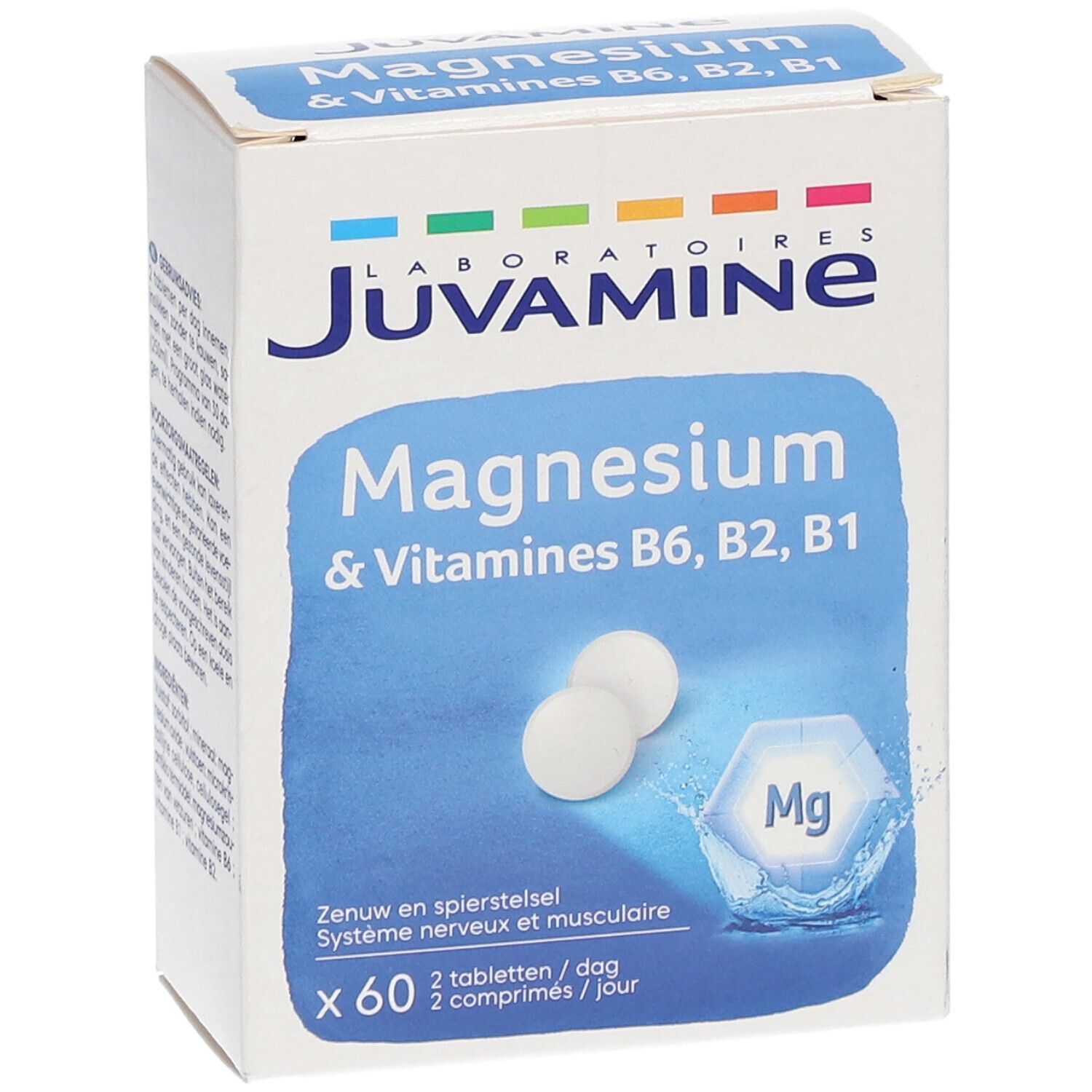 Boîte Juvamine Magnesium + Vitamines B6, B2, B1. Contient 60 comprimés. Vue de face avec nom et deux comprimés.