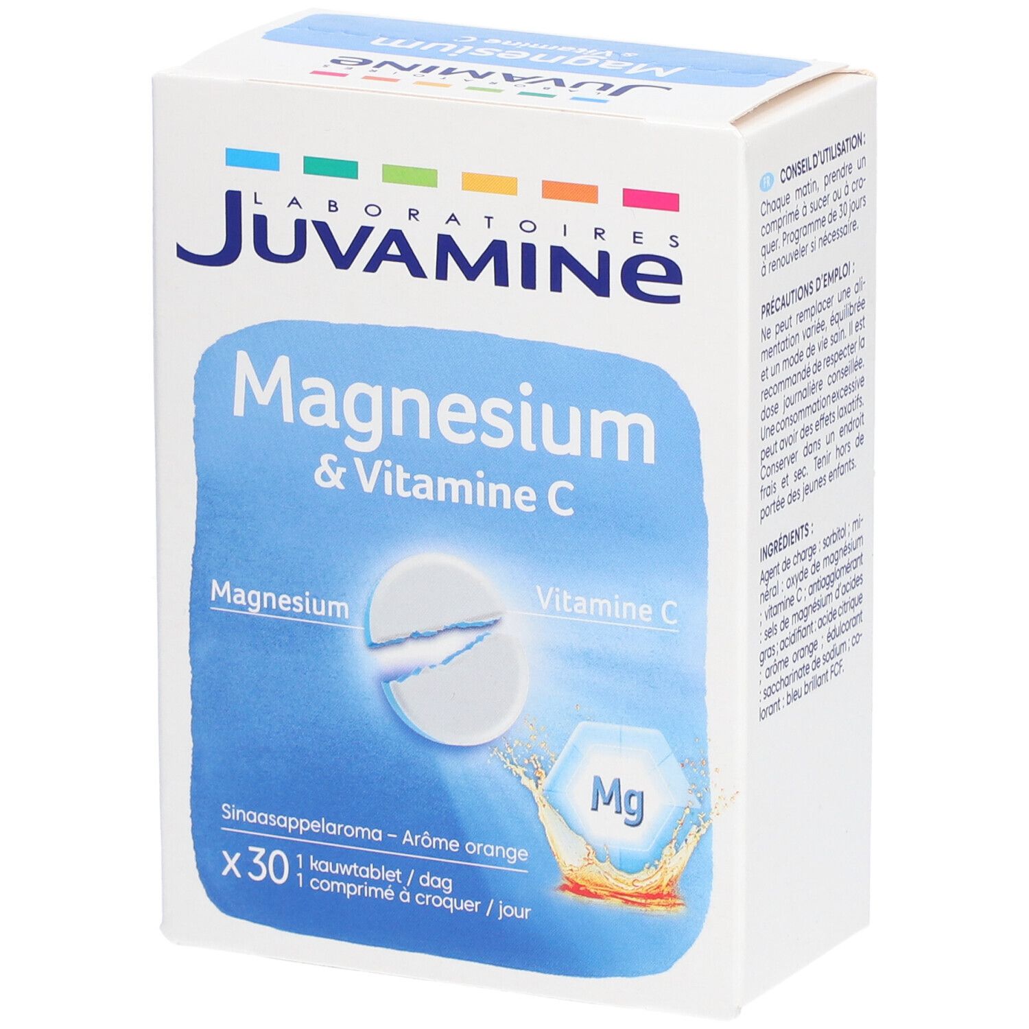 Boîte JUVAMINE Magnesium & Vitamine C. Face avant avec nom du produit, illustration de comprimé et informations.