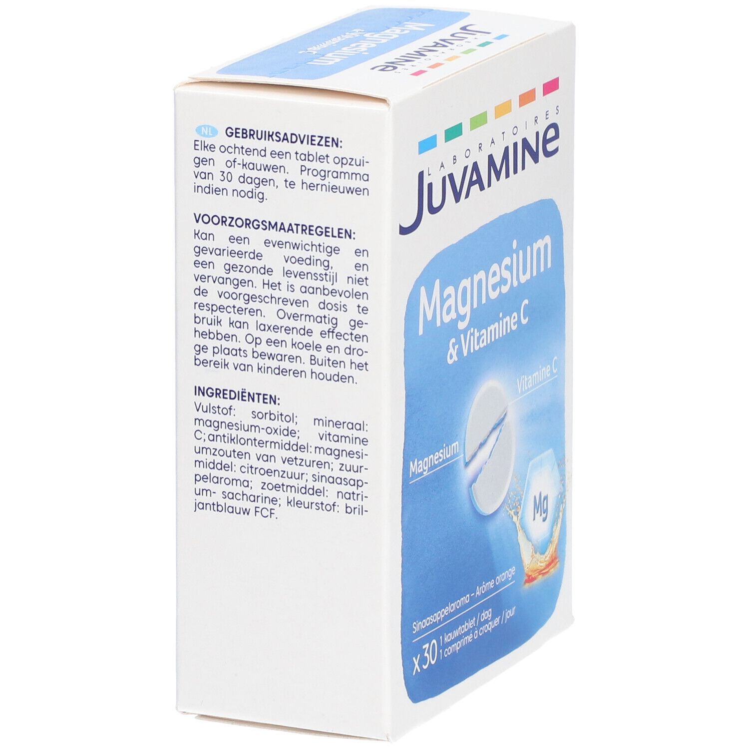 Boîte JUVAMINE Magnesium & Vitamine C. Vue latérale avec texte, ingrédients et mode d'emploi.