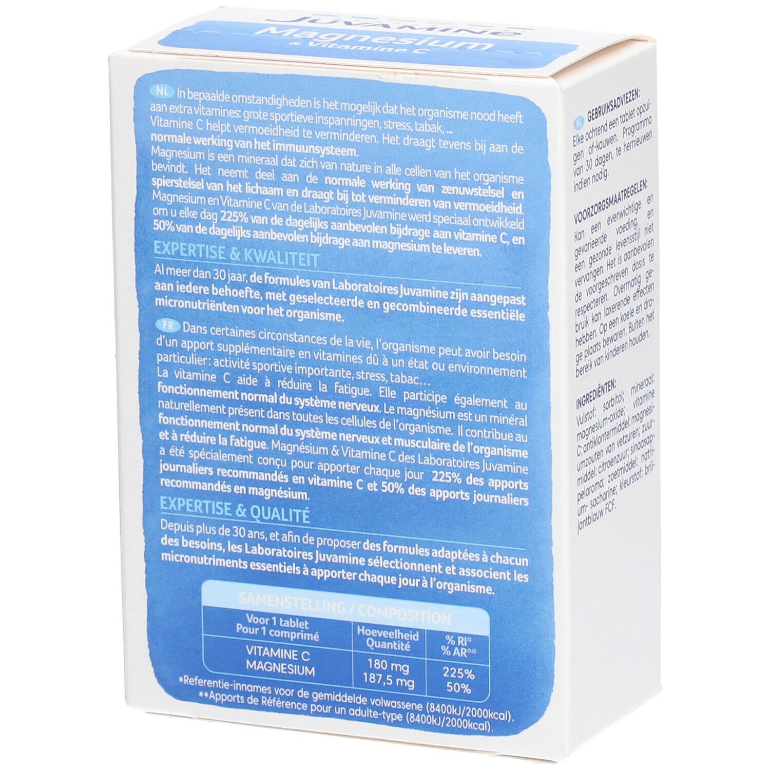 Dos de la boîte JUVAMINE Magnesium & Vitamine C. Texte sur les ingrédients, la qualité et l'utilisation.