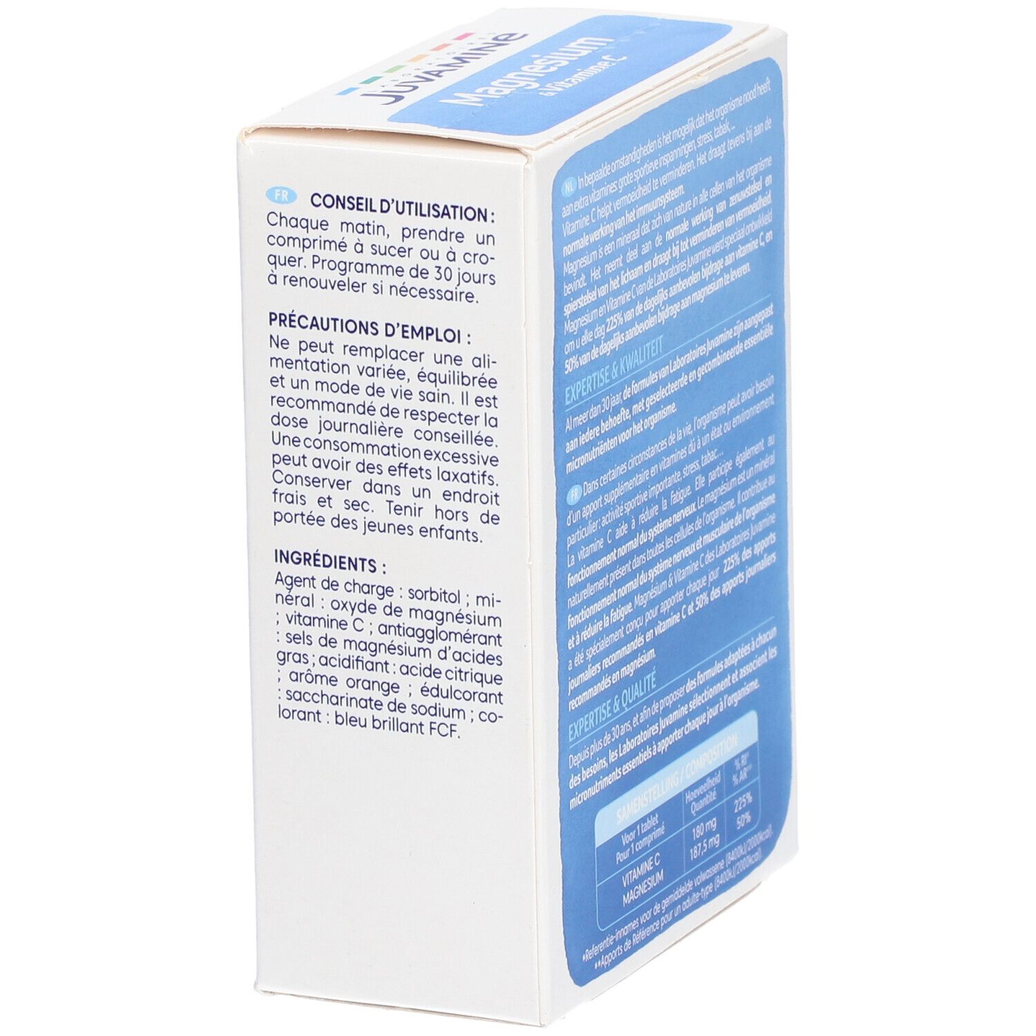Boîte JUVAMINE Magnesium & Vitamine C. Vue oblique avec texte et mode d'emploi.