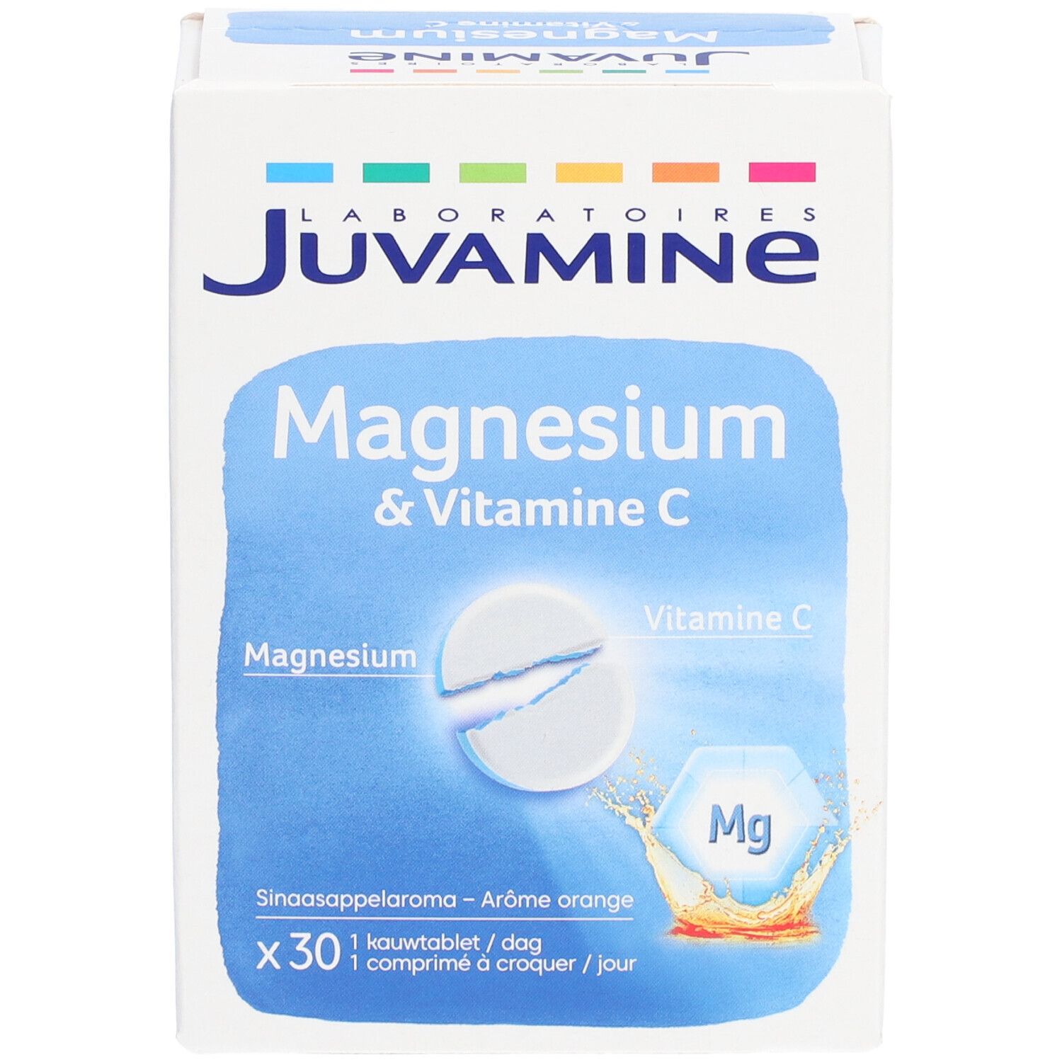 Boîte JUVAMINE Magnesium & Vitamine C. Vue de face avec nom, illustration et informations.