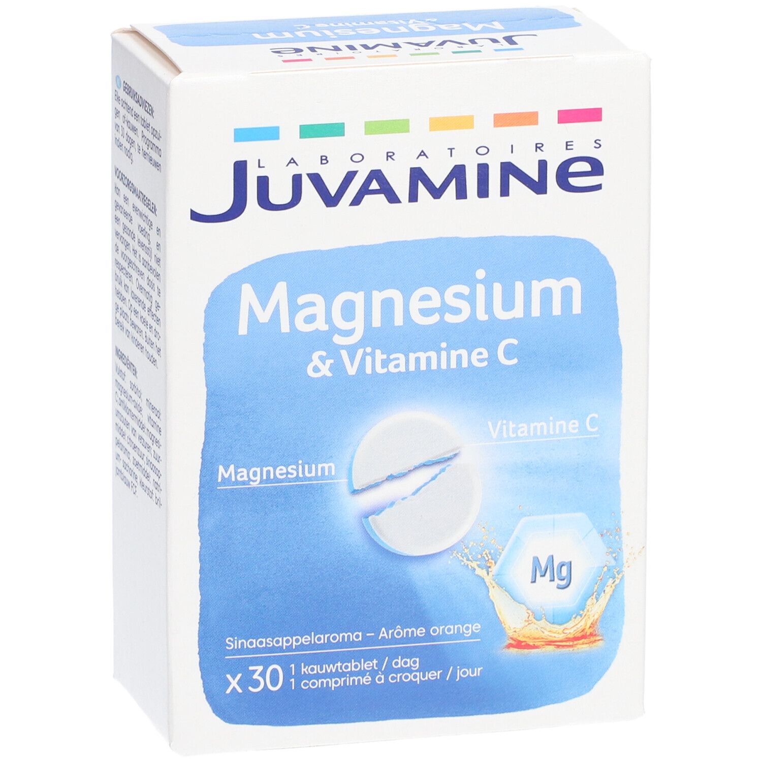 Boîte JUVAMINE Magnesium & Vitamine C. Vue oblique avec nom et illustration de comprimé.
