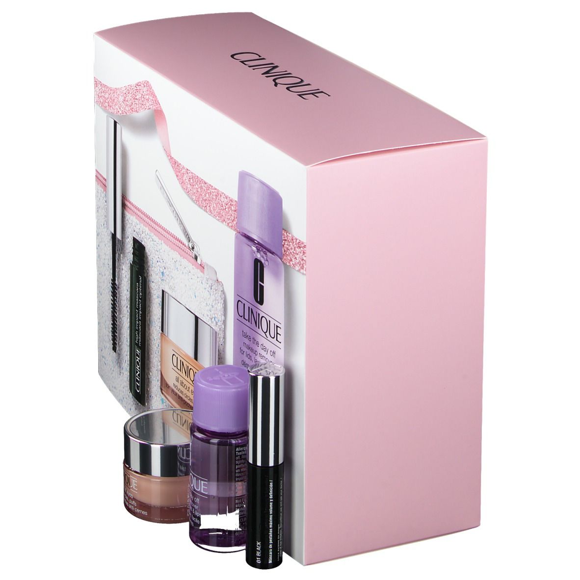 Clinique geschenkset. De doos bevat diverse cosmetische producten, waaronder mascara, oogcrème en make-up remover.