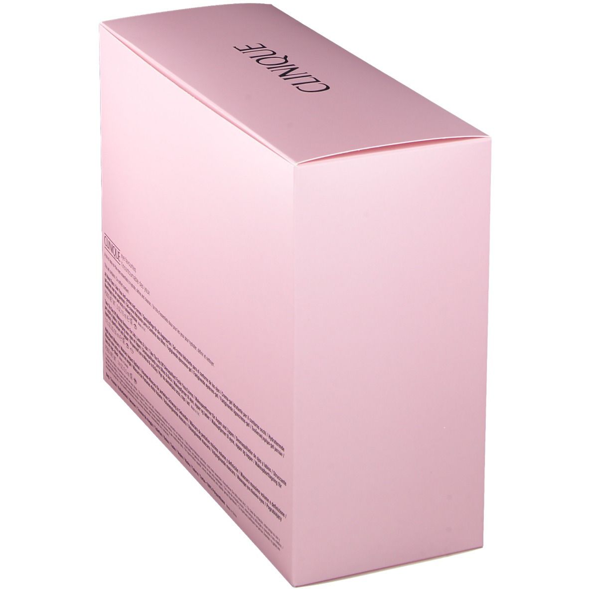 Roze geschenkdoos met de merknaam Clinique. De doos heeft een rechthoekige vorm en is licht schuin.