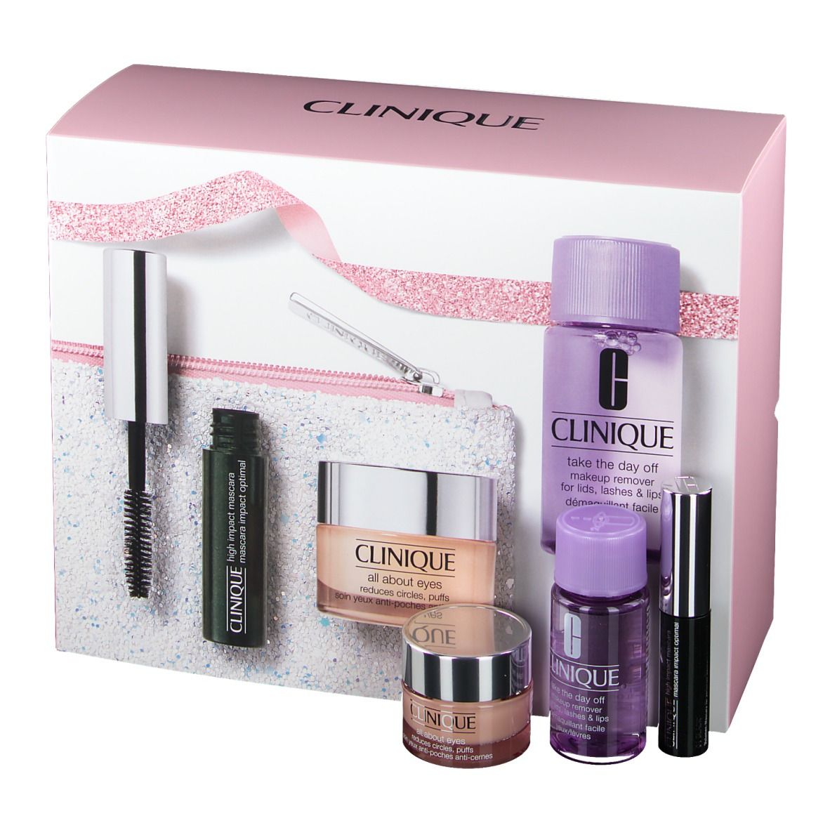 Clinique geschenkset met diverse cosmetische producten, waaronder mascara, oogcrème en make-up remover.
