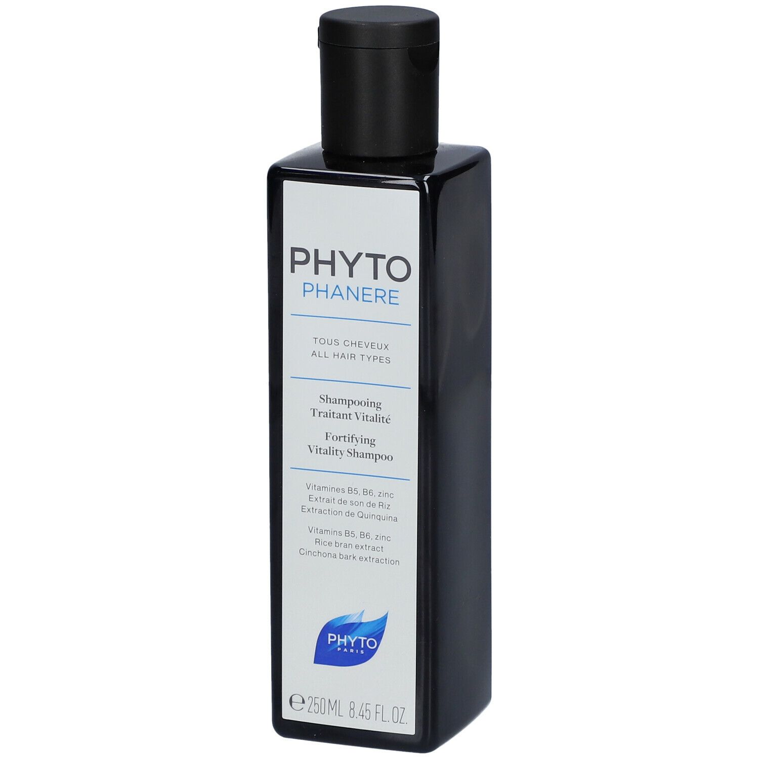 Flacon noir rectangulaire avec bouchon noir. Étiquette avec nom et informations du produit. Contient 250ml.