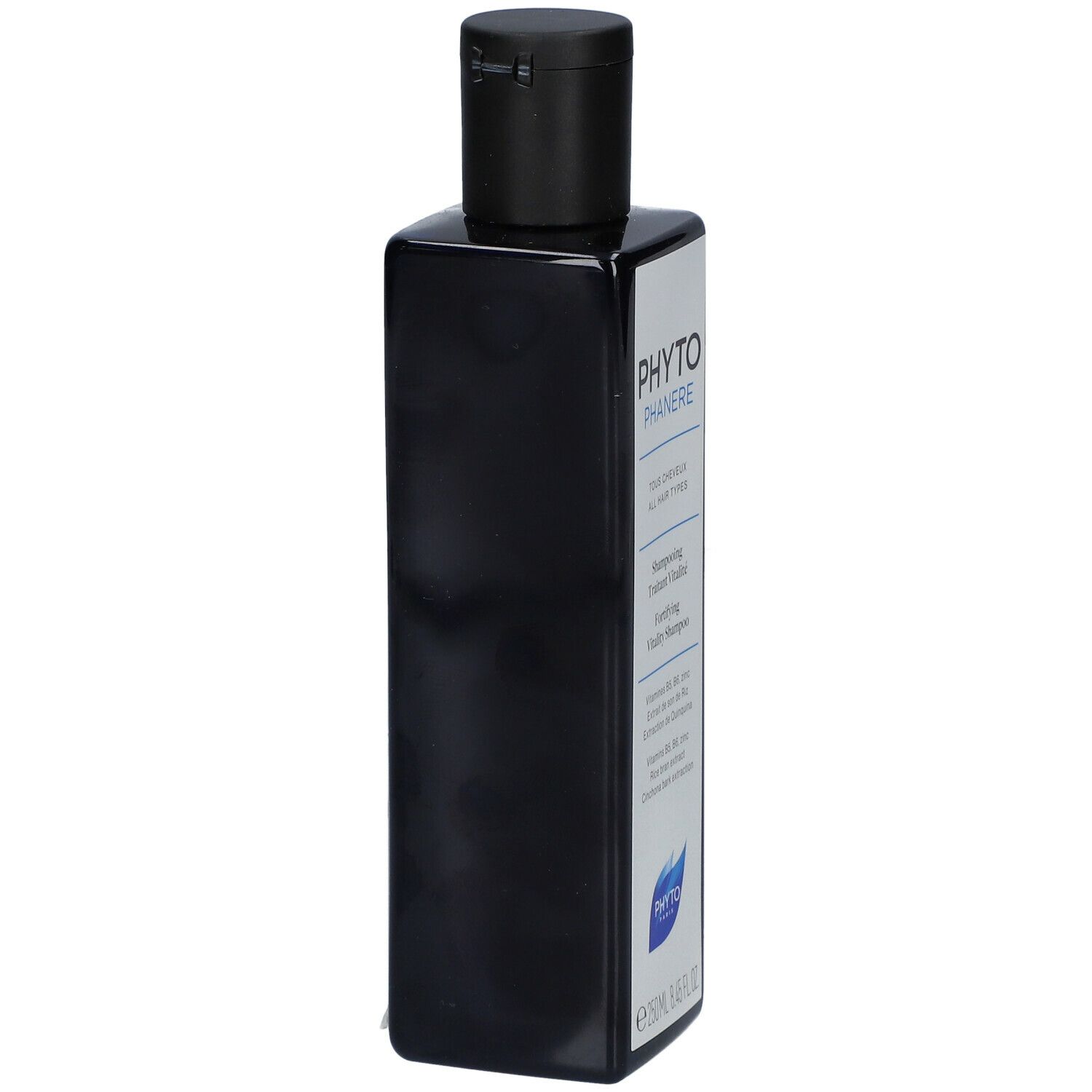 Flacon noir rectangulaire avec bouchon noir. Étiquette avec informations produit. Contient 250ml.