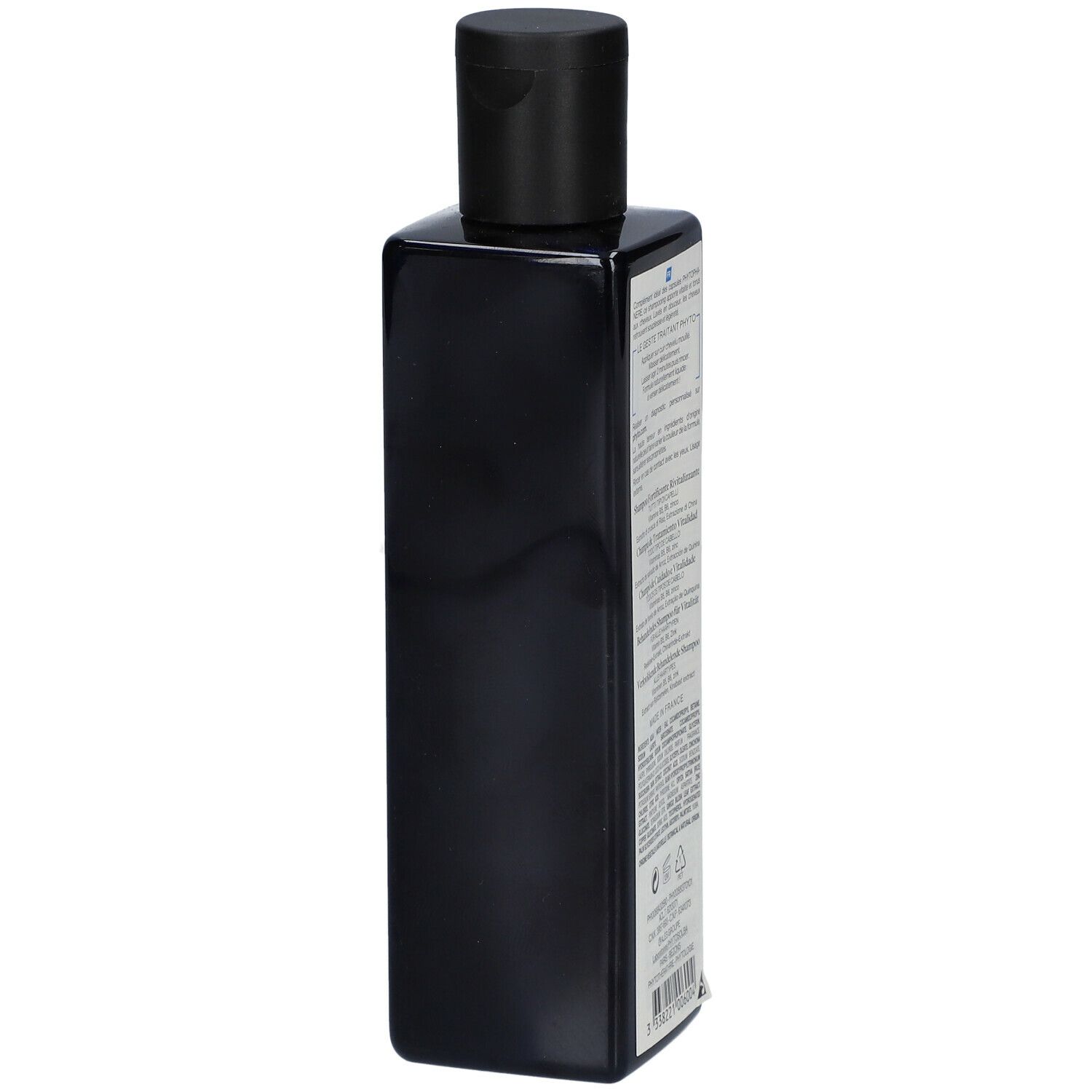 Flacon noir rectangulaire avec bouchon noir. Étiquette avec informations produit. Contient 250ml.