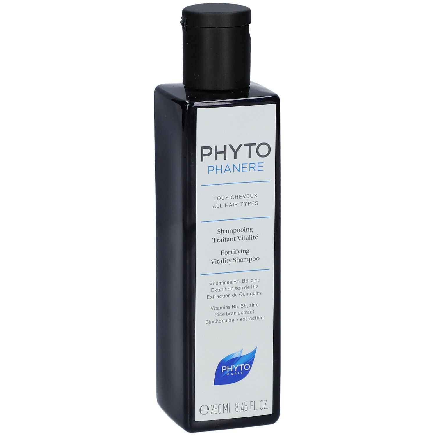 Flacon noir rectangulaire avec bouchon noir. Étiquette avec nom et informations du produit. Contient 250ml.