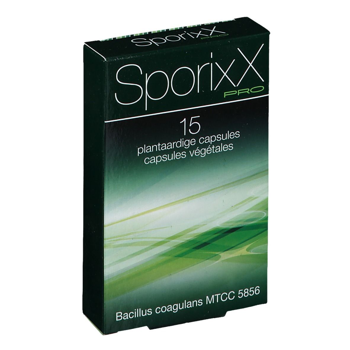 Boîte SporixX Pro. Inscription: 15 capsules végétales. En bas: Bacillus coagulans MTCC 5856.