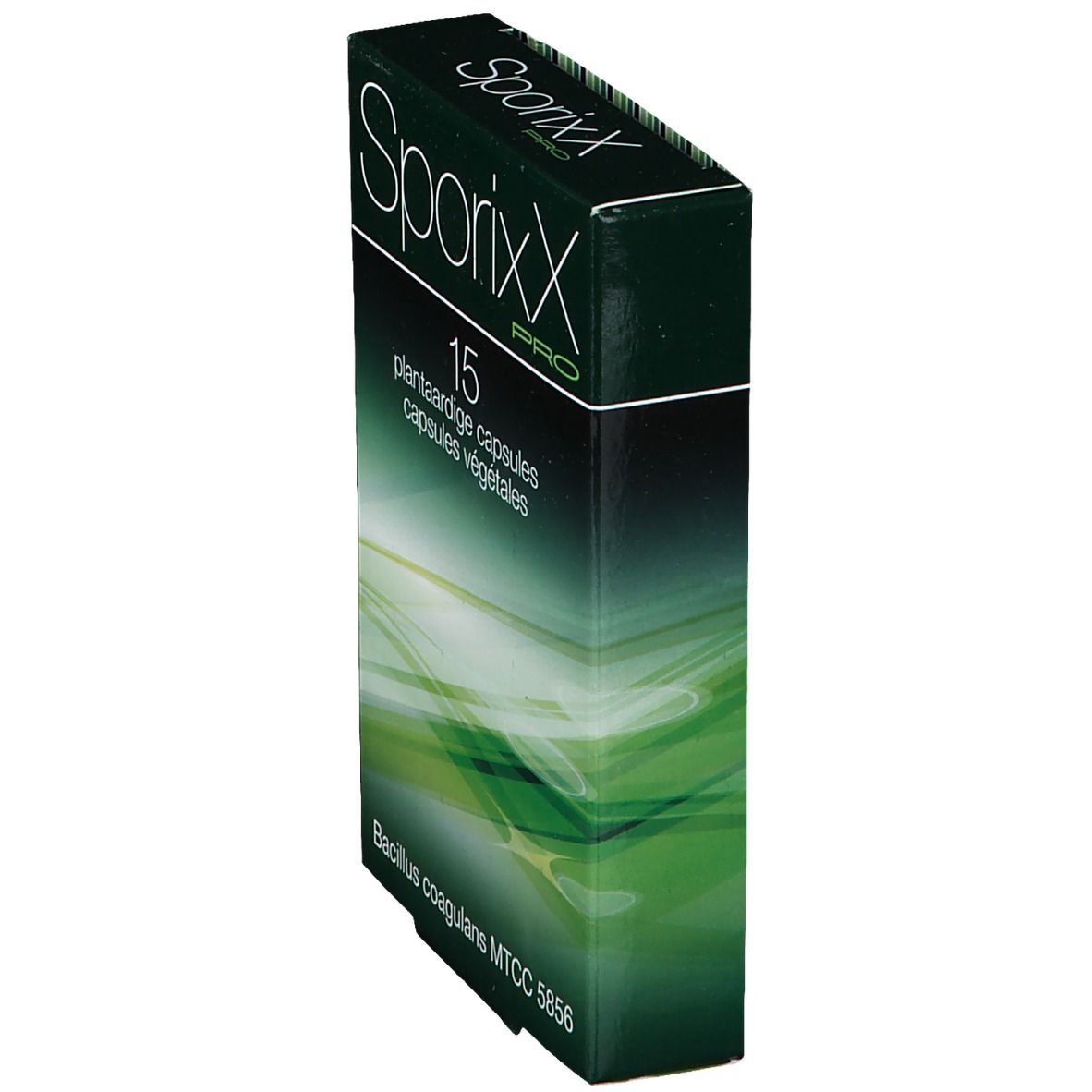 Boîte SporixX Pro en biais. Inscription: 15 capsules végétales. En bas: Bacillus coagulans MTCC 5856.
