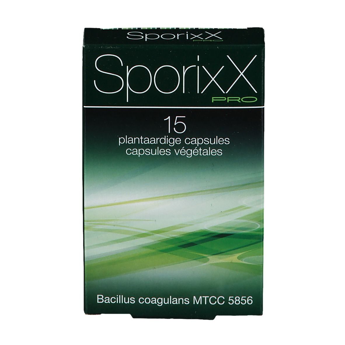 Boîte SporixX Pro. Inscription: 15 capsules végétales. En bas: Bacillus coagulans MTCC 5856.