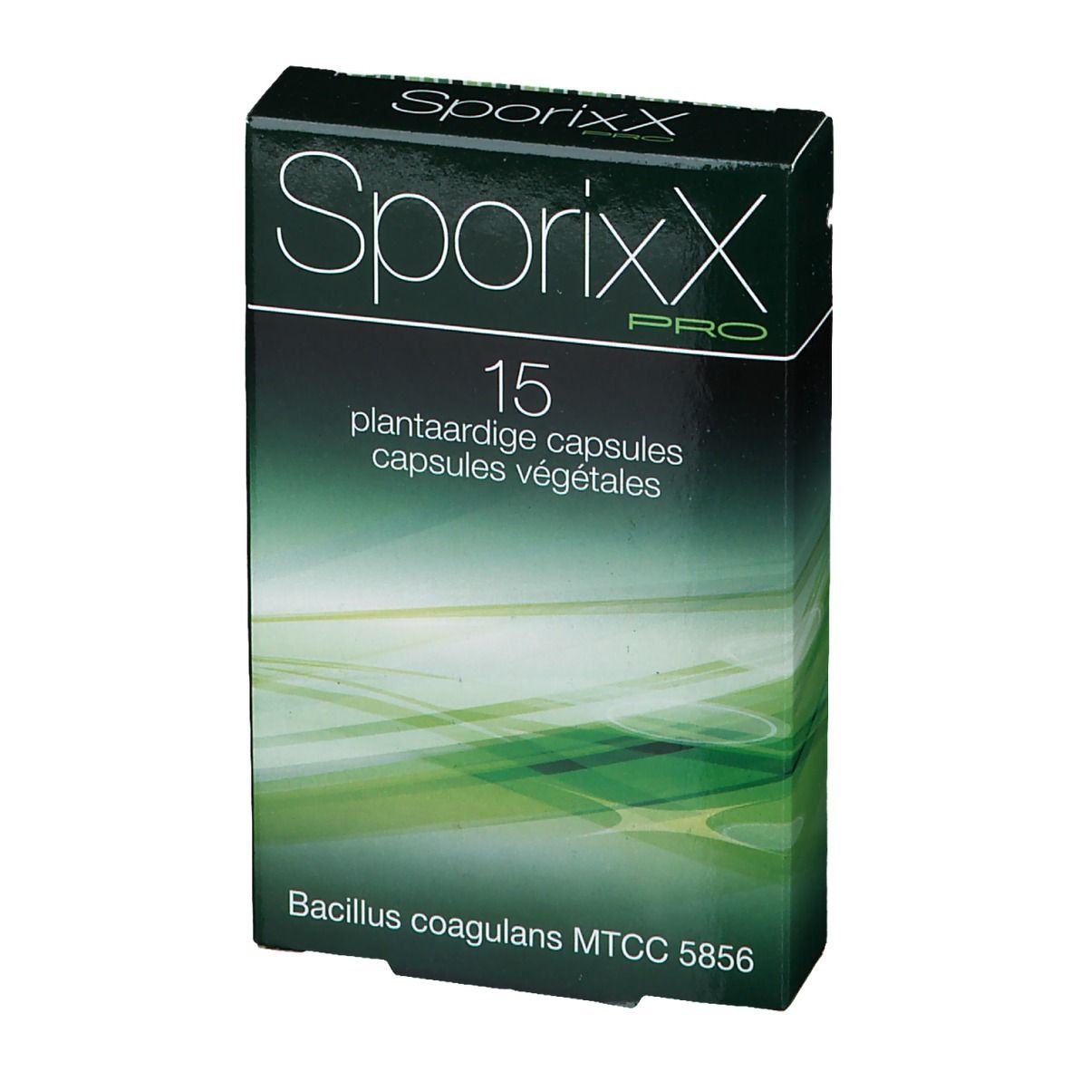 Boîte SporixX Pro. Inscription: 15 capsules végétales. En bas: Bacillus coagulans MTCC 5856.