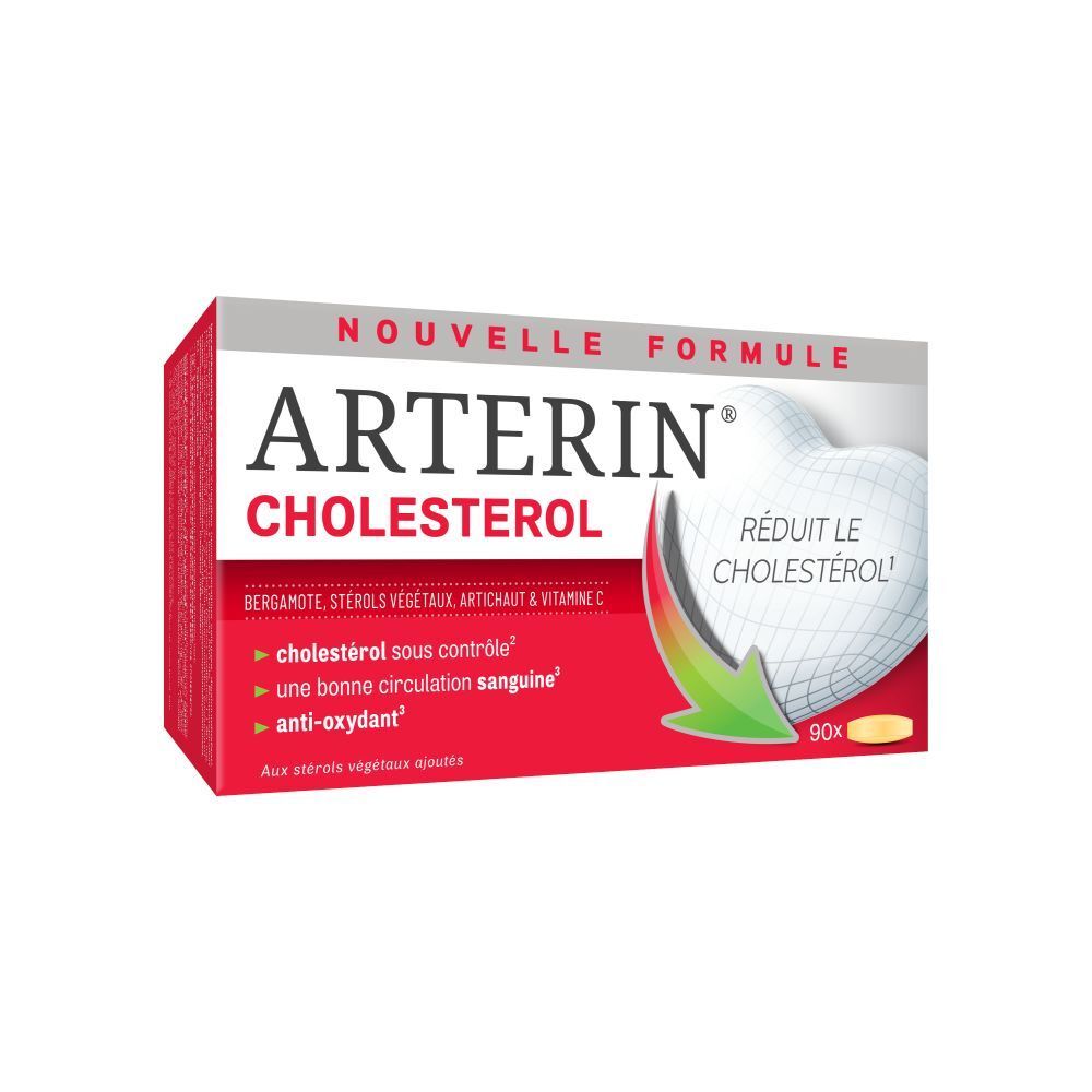 Boîte rouge Arterin Cholestérol. Nouvelle formule. Contient 90 comprimés.